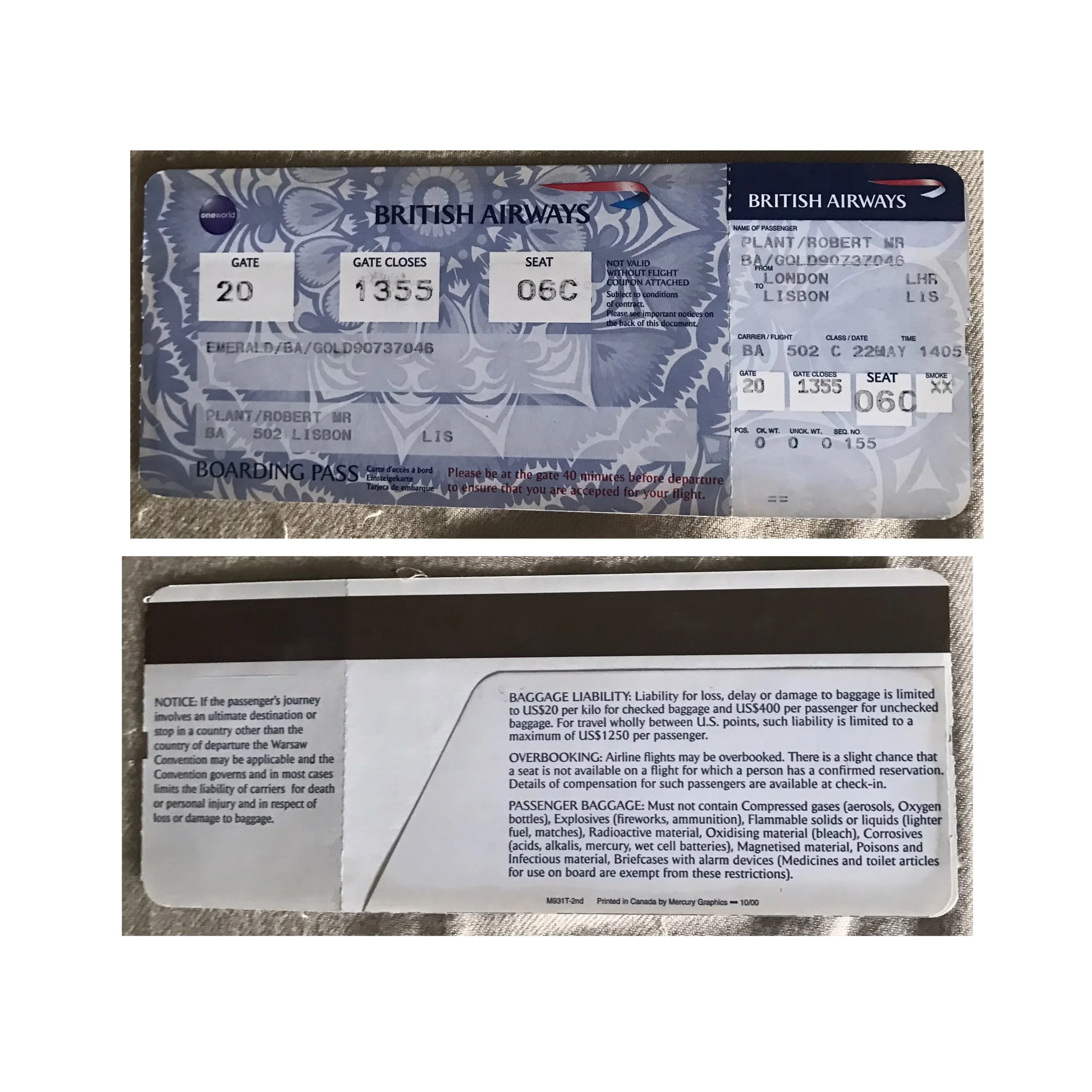 05/22/2000 British Airways Boarding Pass