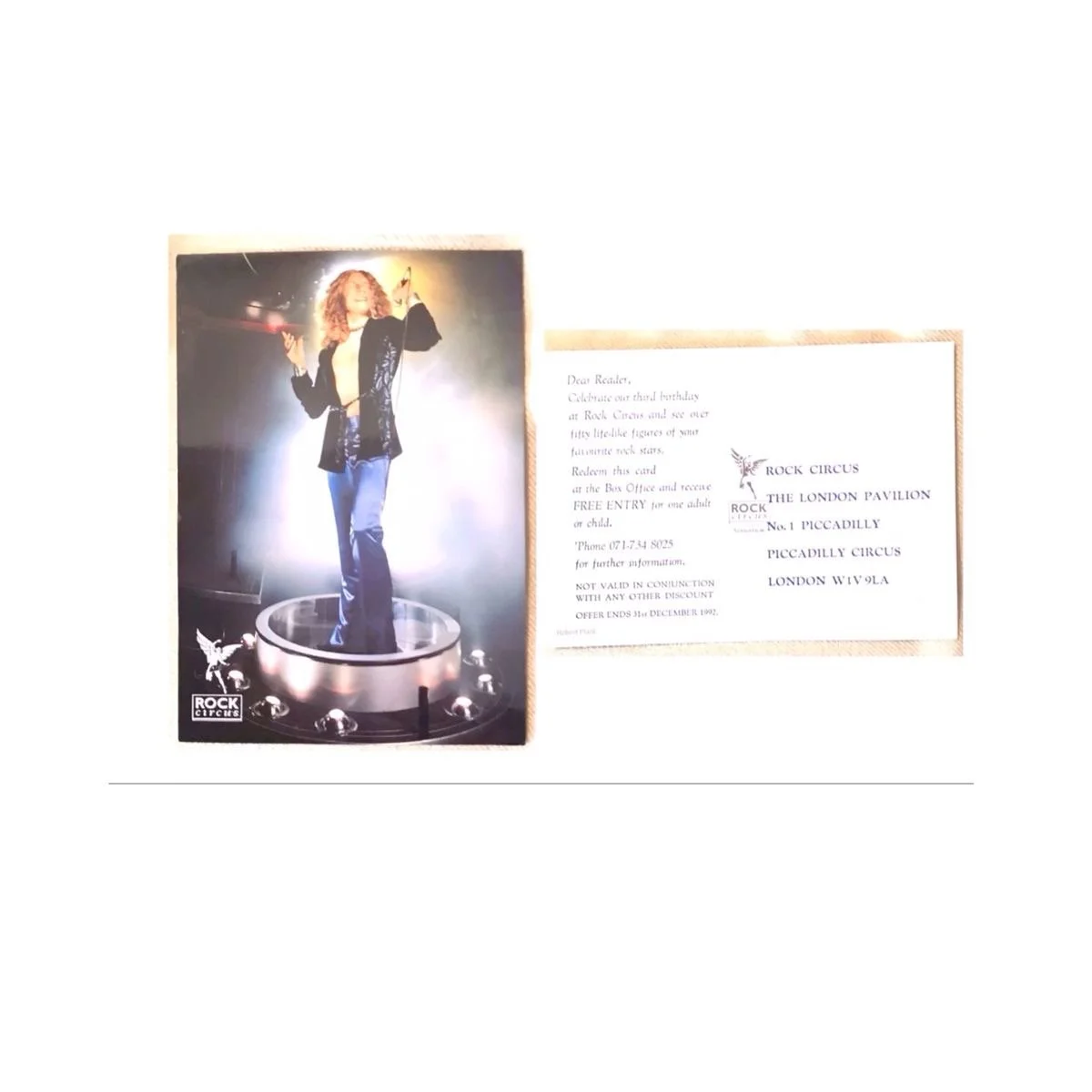 1992 Rock Circus Madame Tussaud’s Robert Plant Voucher