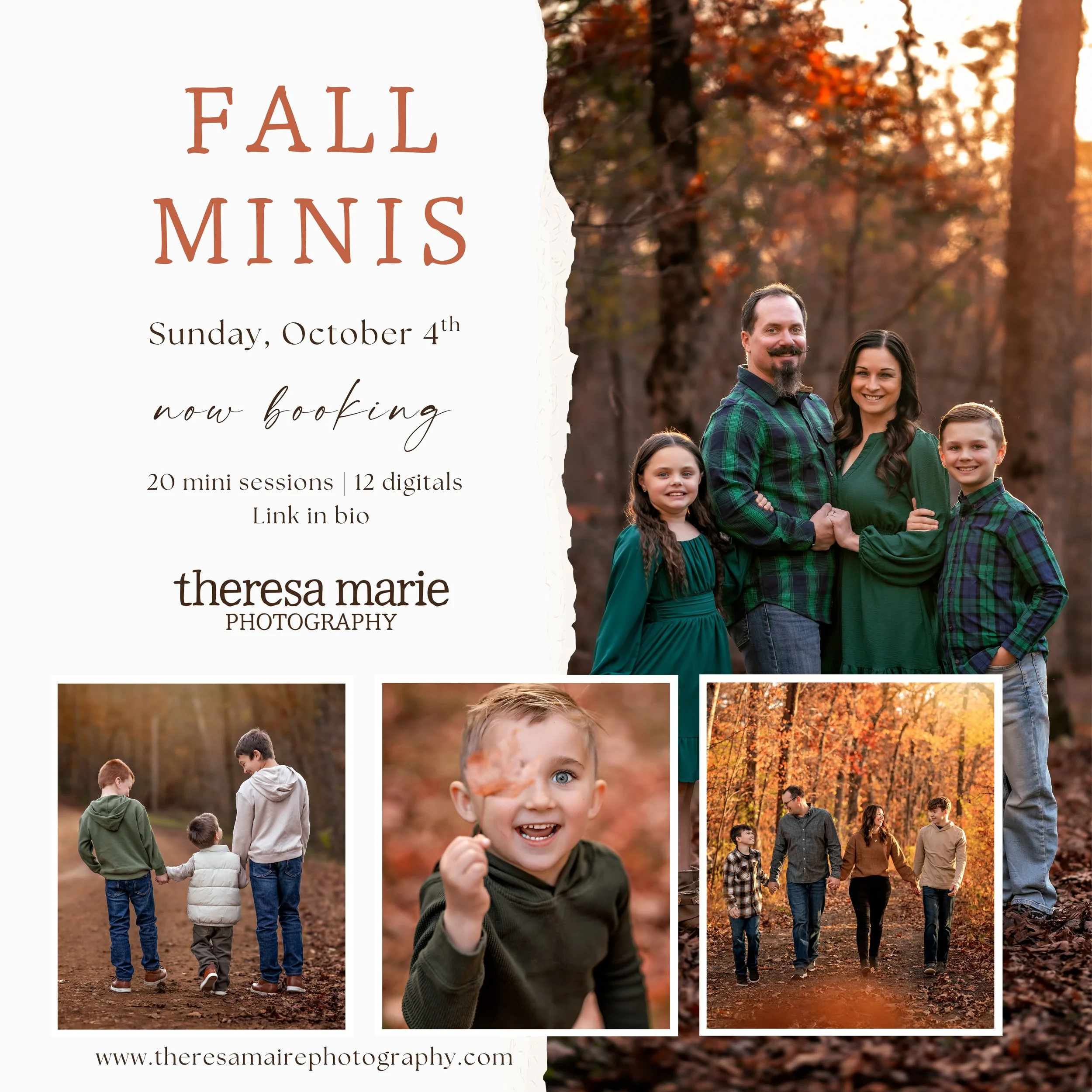 🍂 Fall Mini Sessions are here! 🍂

If you&rsquo;ve been meaning to update your family photos, this is your sign. These quick and relaxed sessions are perfect for capturing your family surrounded by cozy autumn light, beautiful fall color, and all th