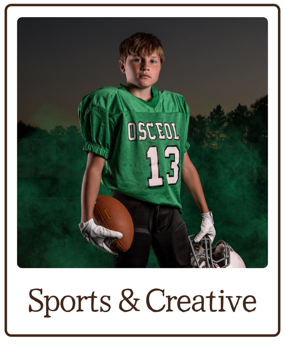 A young male football player in a green jersey with the number 13 and the text OSCEOL, holding a football and a helmet, standing outdoors at dusk with a dark sky and trees in the background, with green fog or smoke surrounding him.