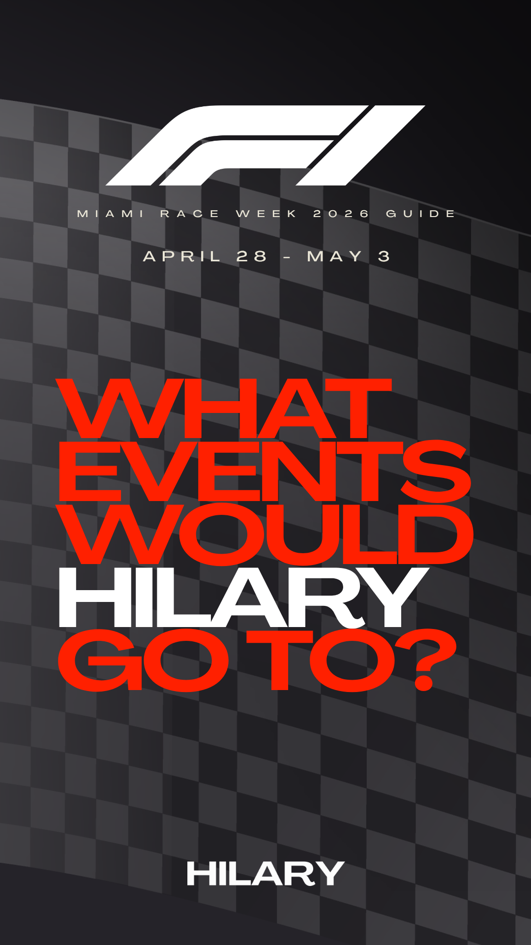 Book cover with the F1 logo, titled 'What Events Would Hillary Go To?' by Hilary, with a checkered black and gray background.