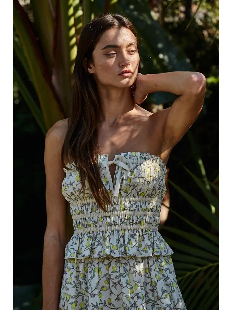 Everland Lemon Botanical Smocked Strapless Top