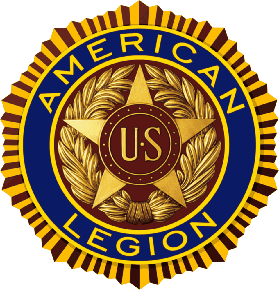 Badge of the American Legion featuring a gold star, laurel wreath, and the initials U.S. in the center, with a blue background and gold text spelling "AMERICAN LEGION."