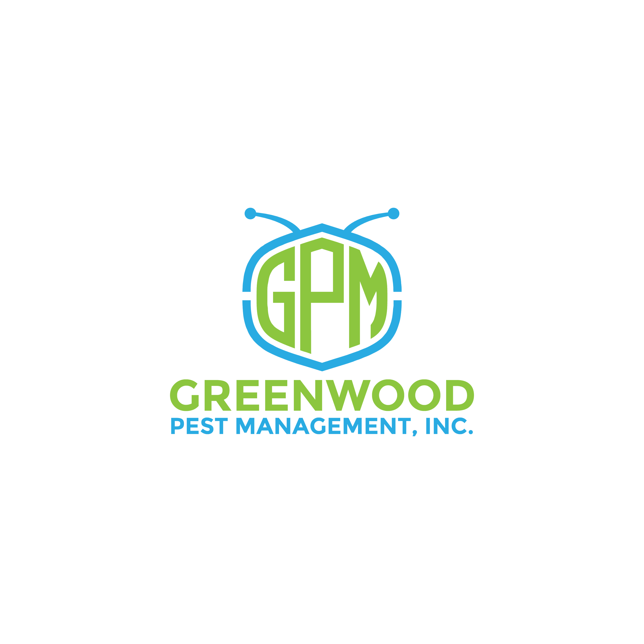 Logo of Greenwood Pest Management Inc. featuring a stylized ladybug with the company initials GPM in the center, with green and blue colors, and the company name written below.