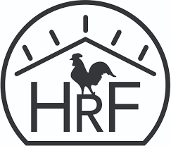Logo with a rooster silhouette above the initials 'HRF' inside a circle with a built-in clock design.