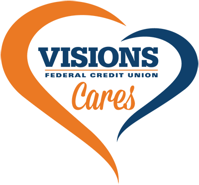 Logo for Visions Federal Credit Union Cares, featuring an orange and blue heart shape and text.