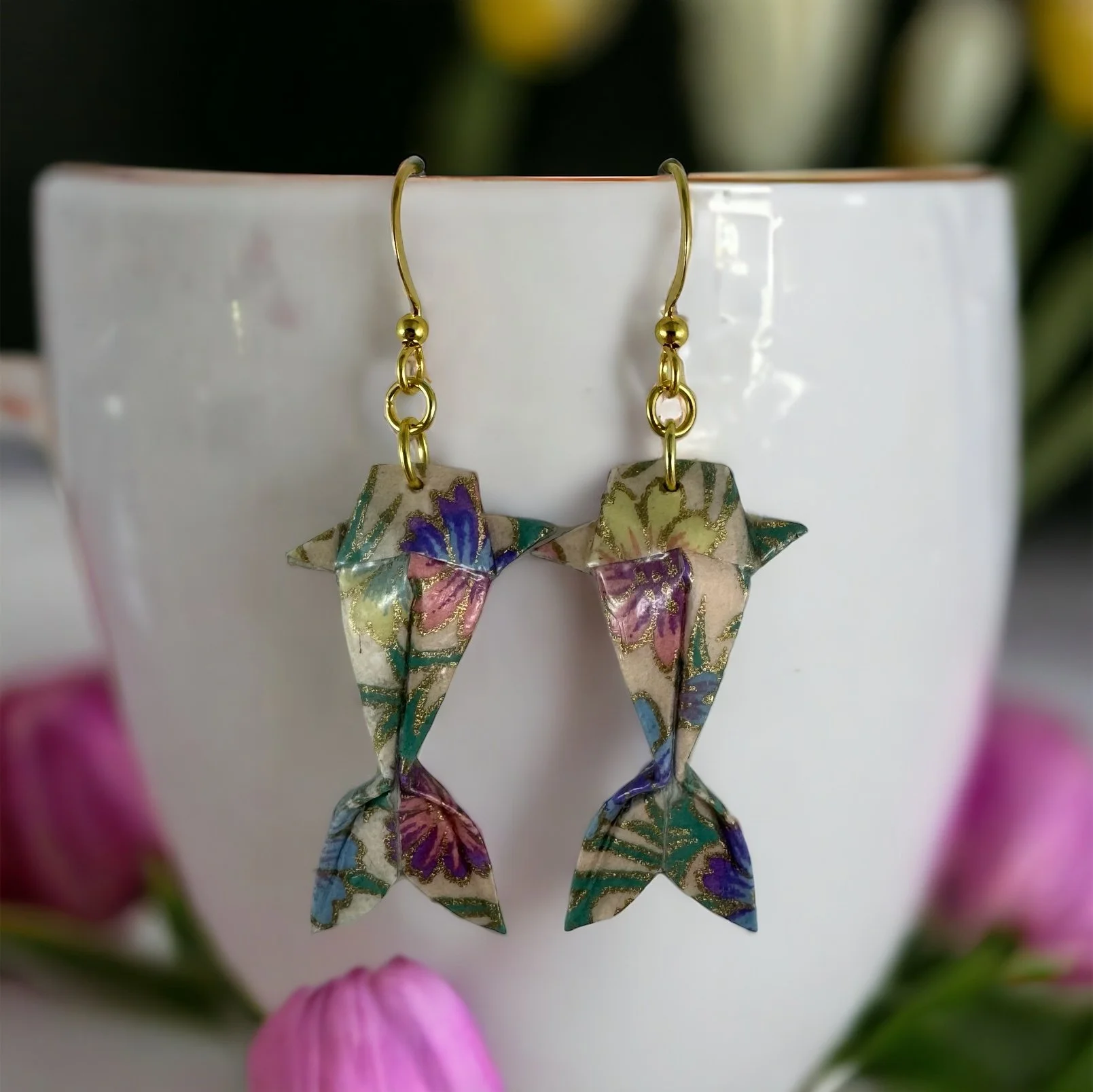 Colorful origami koi fish earrings - minimalist Japanese earrings