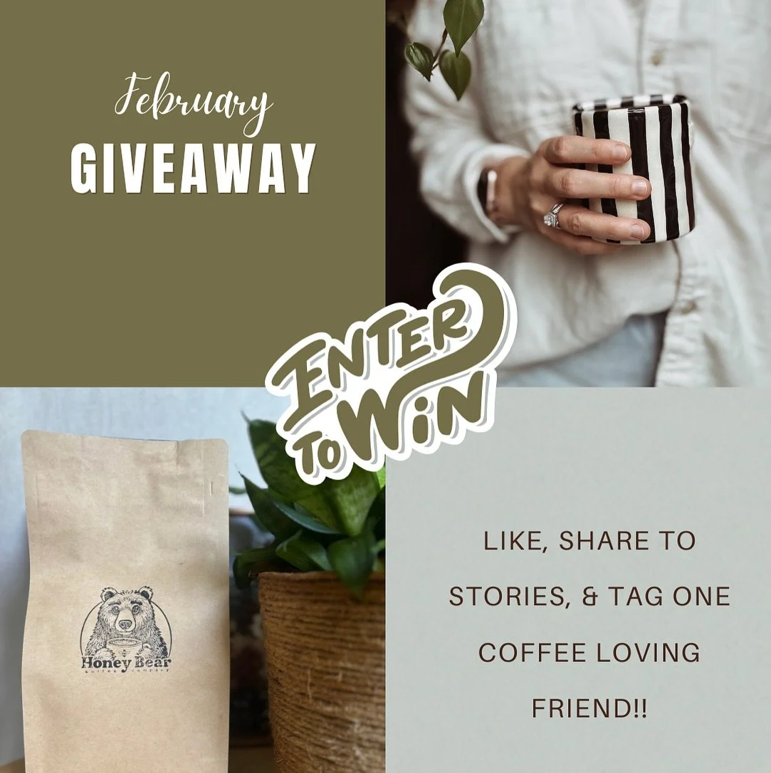 Happy (almost) 1st of the month &mdash; aka Honeybear Giveaway Day! 🍯🐻
 Our Monthly Giveaway is back again &mdash; win a 4oz bag of our cozy, fresh-roasted coffee. ☕️💛 AND since we missed last month, to make  February extra special, we&rsquo;ll be