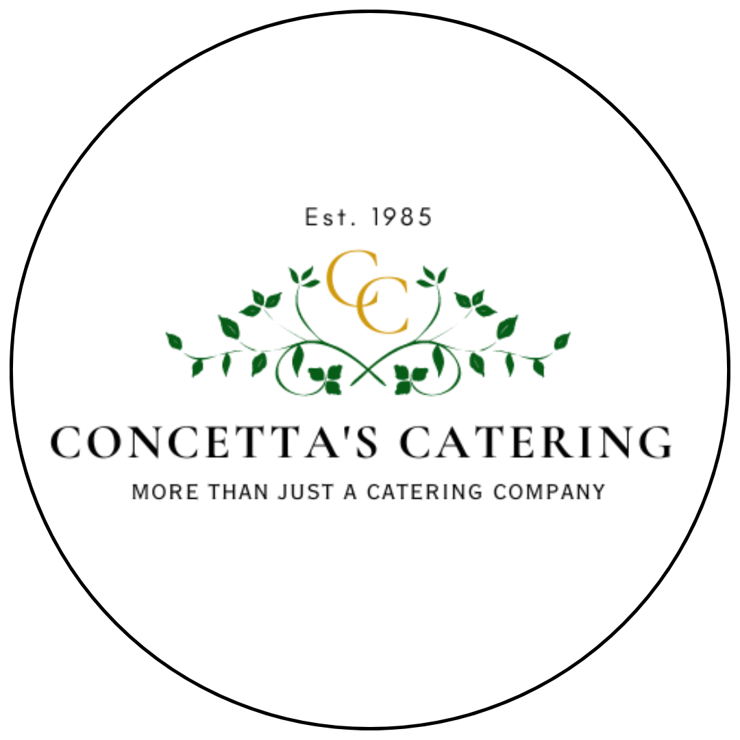 Logo for Concetta's Catering, established in 1985, with a decorative green vine and gold initials 'C' and 'C', and the tagline 'More Than Just a Catering Company.'