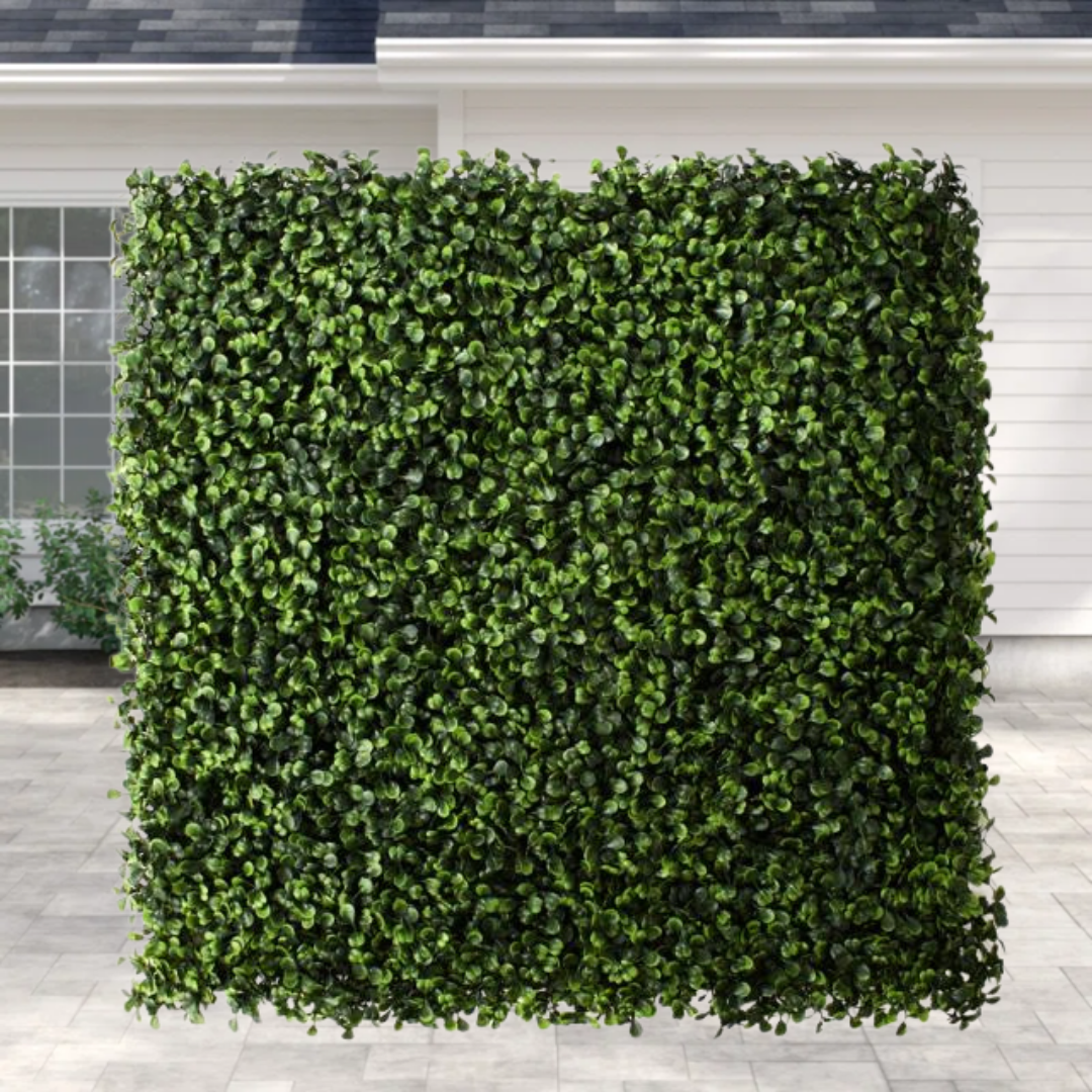A large cube-shaped hedge in front of a house with white siding and windows perfect for event rentals as photobooth background..