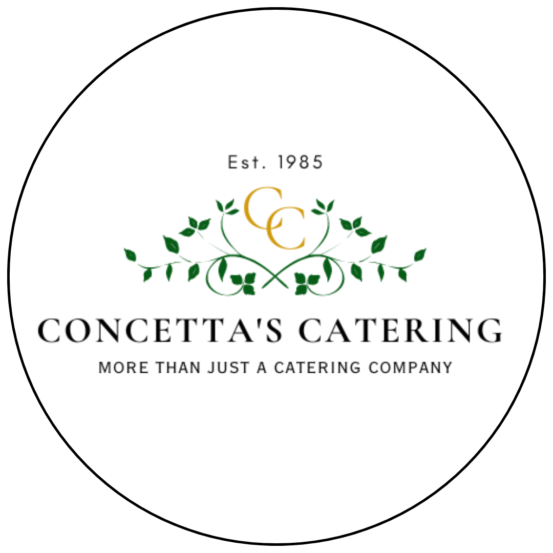 Logo for Concetta's Catering with the establishment year 1985, featuring green and gold decorative elements and the tagline ‘More than just a catering company’.