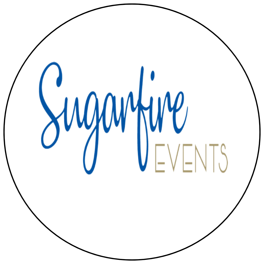 Logo for Sugarfire Events featuring the company name in blue handwritten-style font and the word 'Events' in gold, modern, uppercase font.