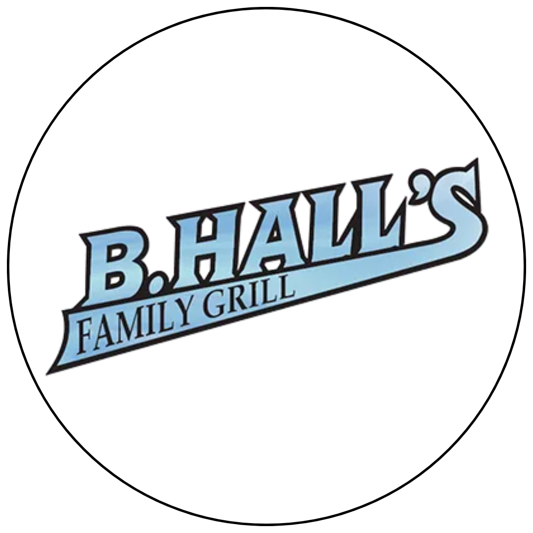 Logo of B. Hall's Family Grill with stylized blue text on a white background.