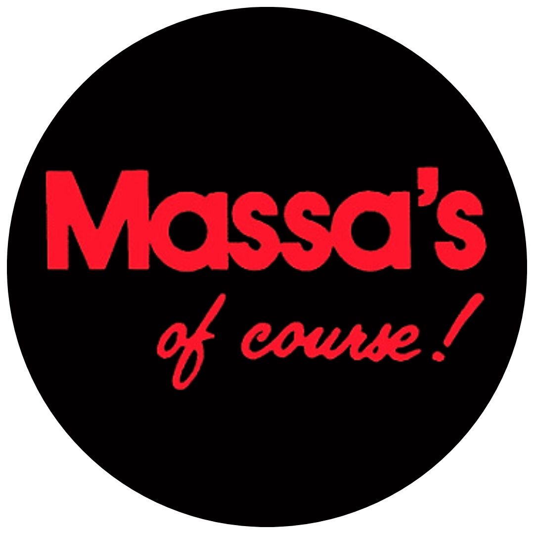 Logo with black background, red text says 'Massa's', and red cursive text says 'of course!'.