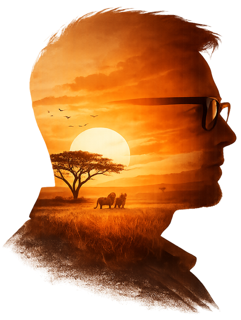 Silhouette of a person's profile with a sunset landscape featuring a lion, tree, and grassland inside, and the person's face with glasses on the right side.