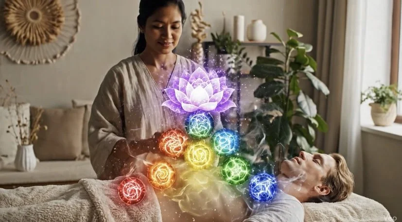 A woman in a beige robe performs a crystal healing session on a man lying on a massage table. Colorful glowing orbs with symbols and a large lotus flower hologram are floating above their hands, representing energy work.