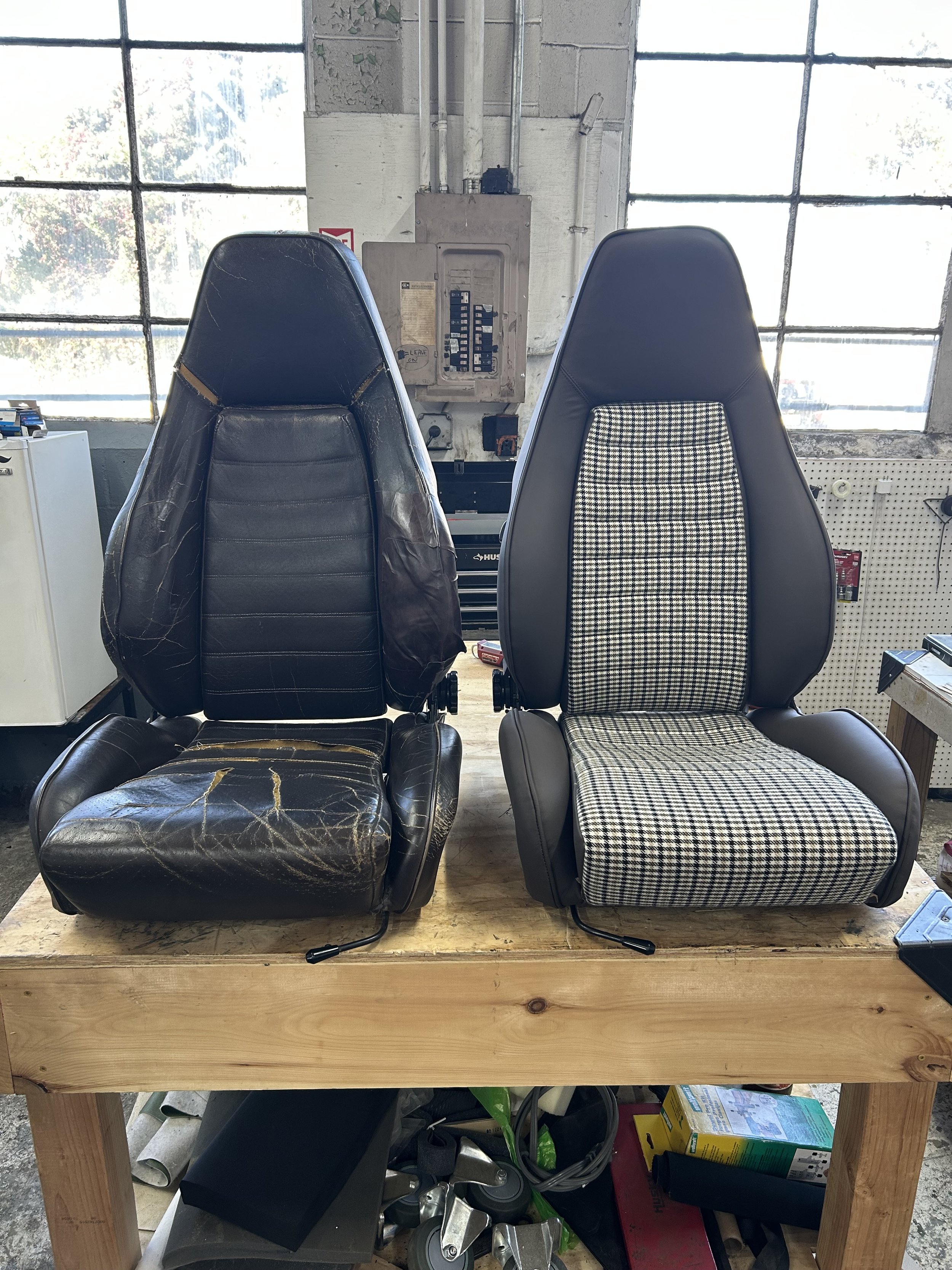 car seat with tears and rips on the left and reupholstered seat with new panels on the right