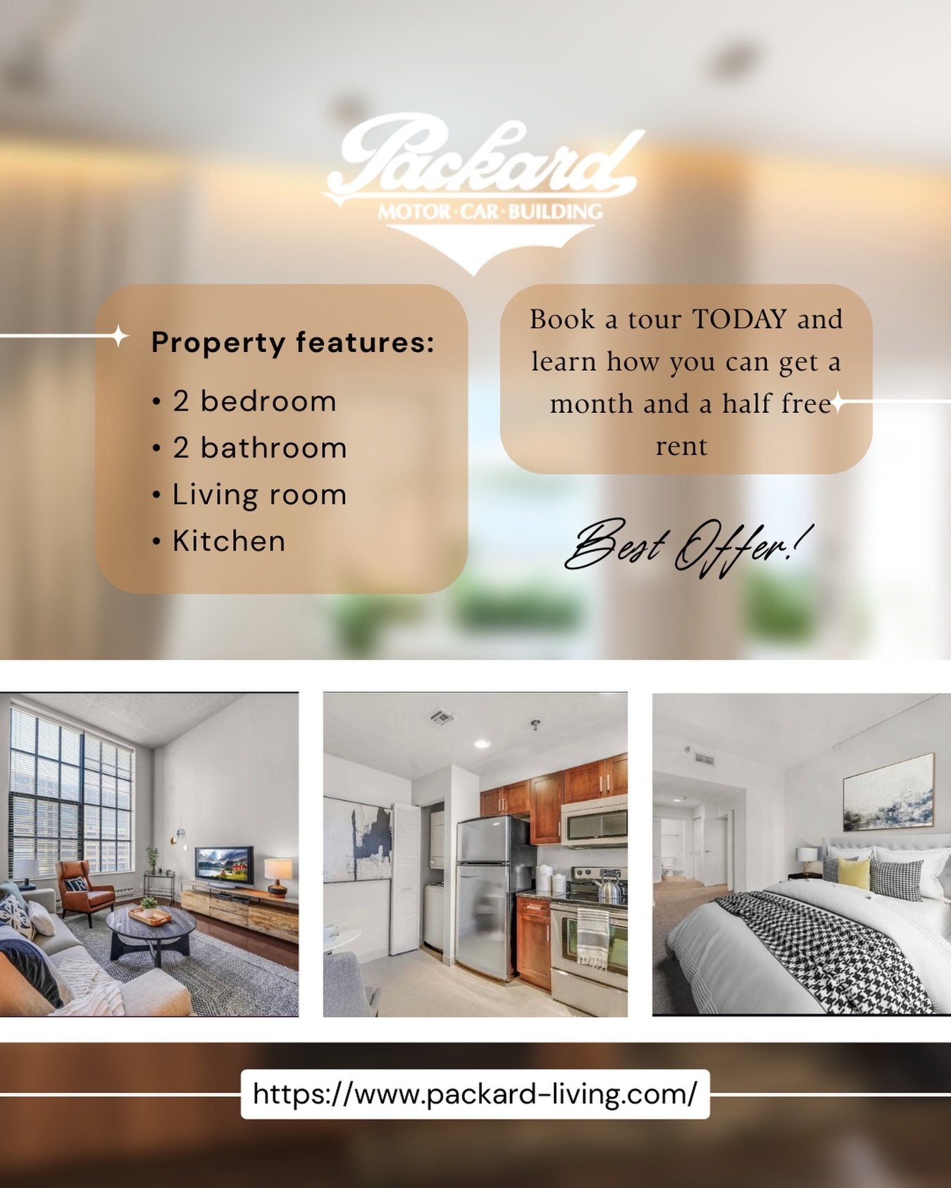 Modern living, historic charm ✨

2 bed / 2 bath at The Packard gives you space, style, and comfort plus a limited-time month and a half FREE when you book a tour.

Schedule your tour today and make this your next home 🏡