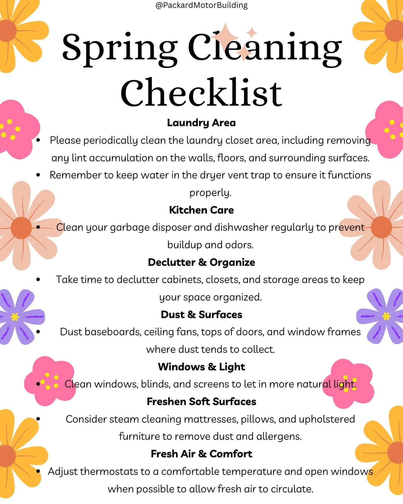 Residents, it&rsquo;s time for a seasonal refresh! 🌼

Our Spring Cleaning Checklist is here to help keep your home at Packard Motor Building clean, organized, and feeling its best. From dusting surfaces to freshening soft fabrics, a few simple steps