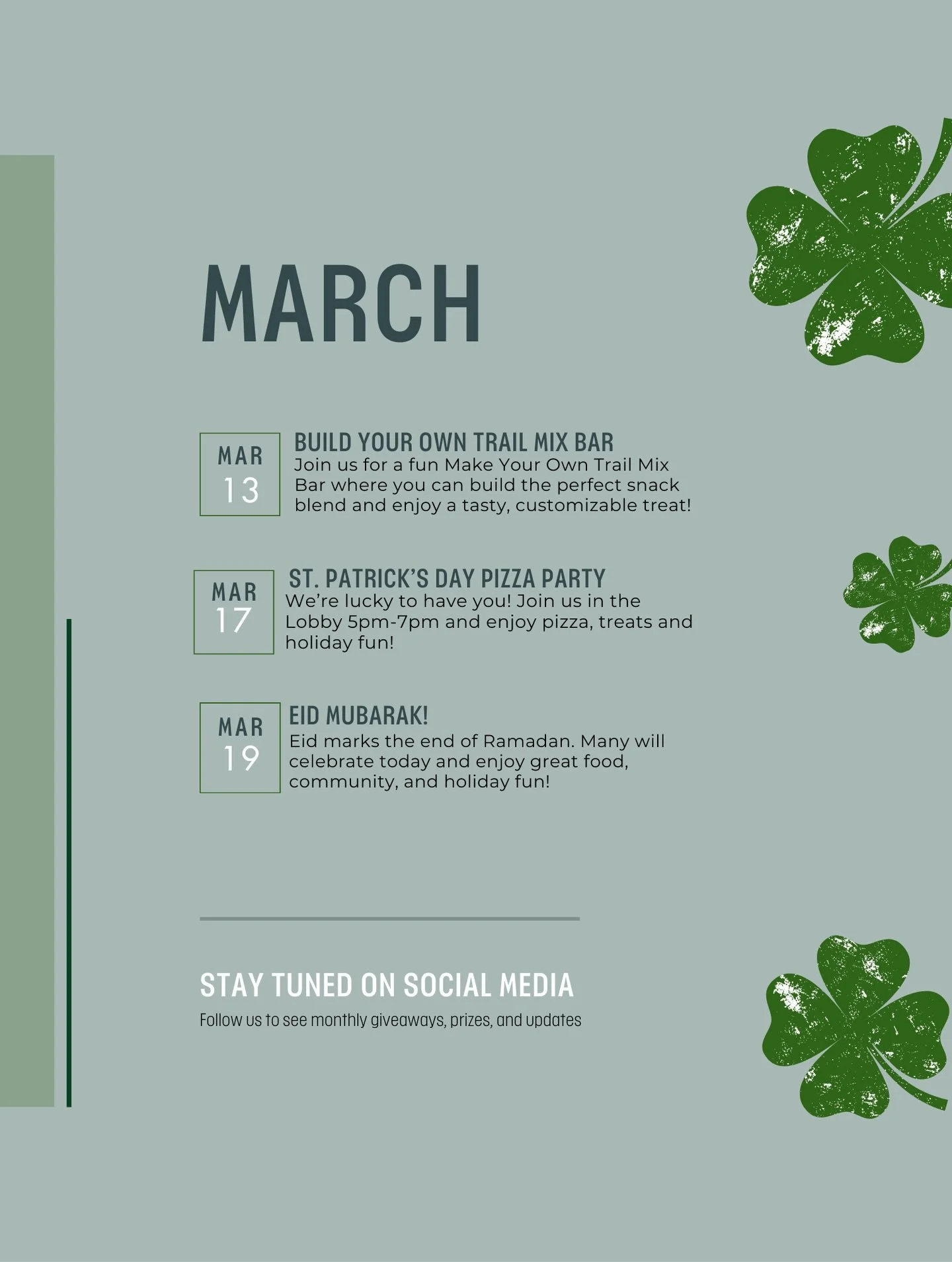 🍀 March is full of fun at Packard! From building your own trail mix to celebrating St. Patrick&rsquo;s Day and Eid, we&rsquo;ve got a month packed with treats, community, and good vibes.

Join us for our upcoming resident events:
🥨 Mar 13 &ndash; B