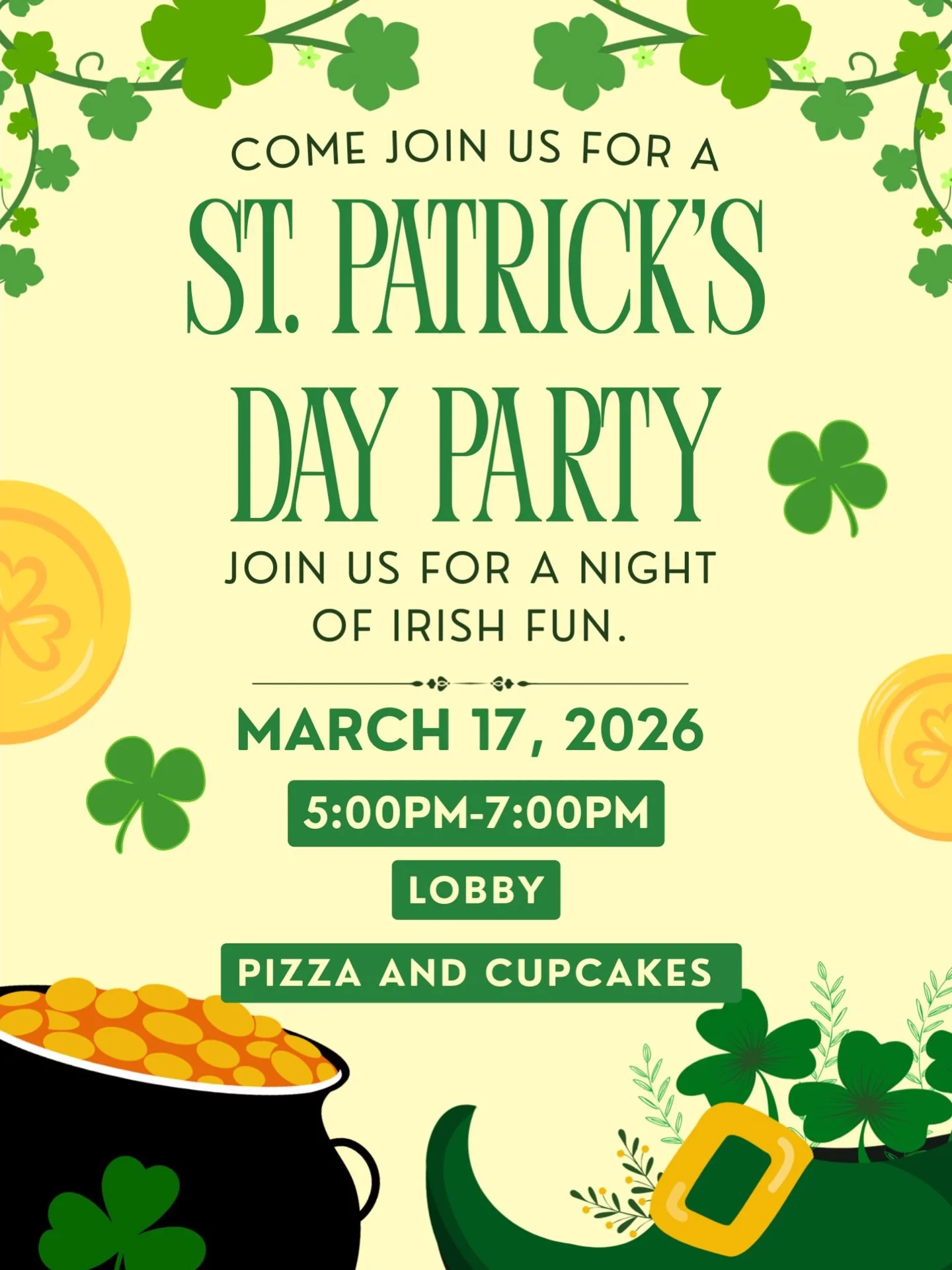 Join Us for Pizza and Cupcakes For St.Patrick Day ☘️