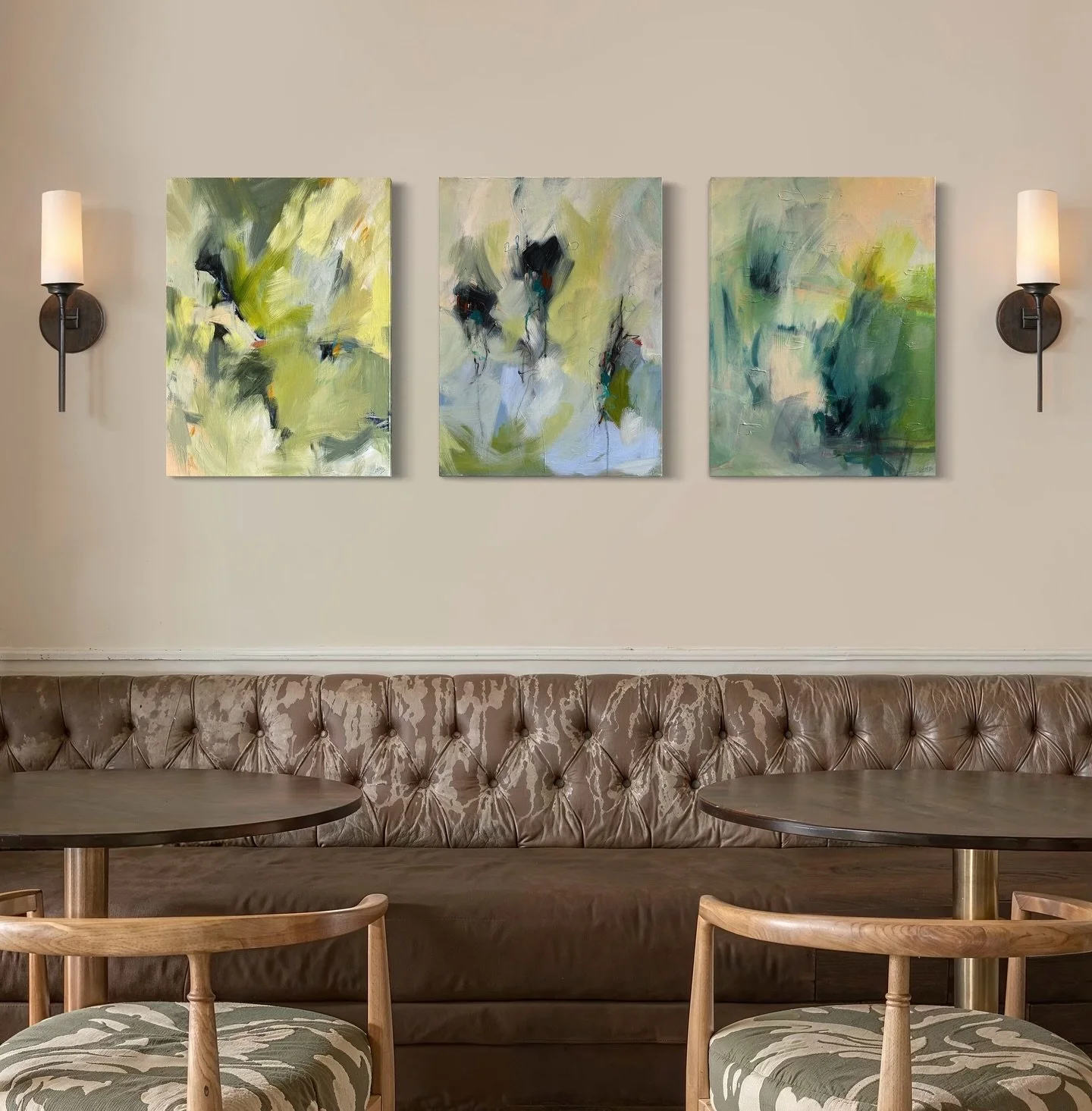 Finally got around to varnishing, adding hardware, and photographing these 3 paintings. They each work on their own but I also think they play well together. 
Left to right, 
Verdant Explosion 
Moon Dance
Whispered Flight
24&rdquo;x18&rdquo; each 

#