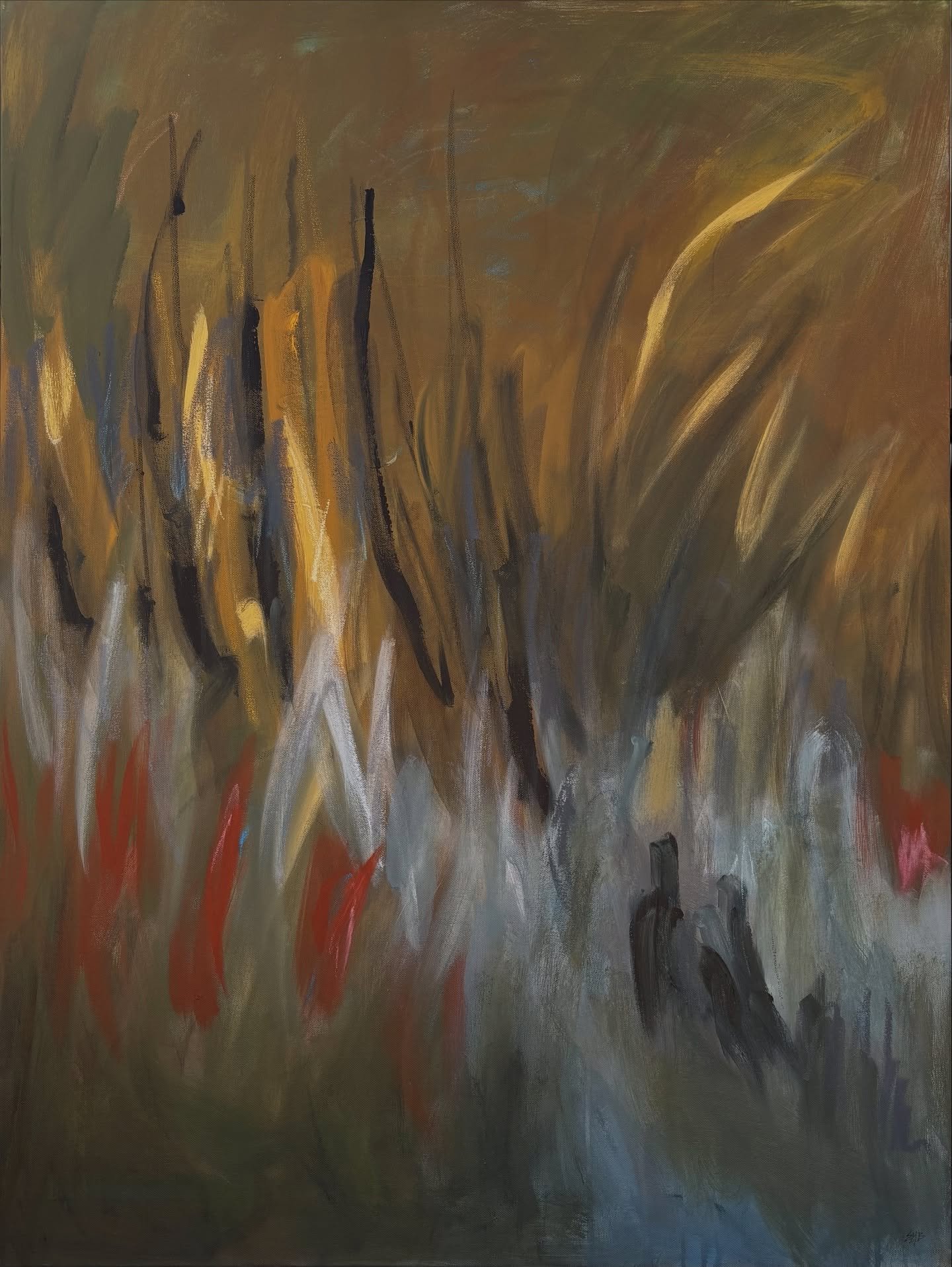 I had fun playing with this piece. It&rsquo;s different for me but I like the moodiness of it. I thought of titling it duck blind, it just looks like nature to me. But then settled on Marsh Song because I find it sings to me. 

Marsh Song
40&rdquo;x3