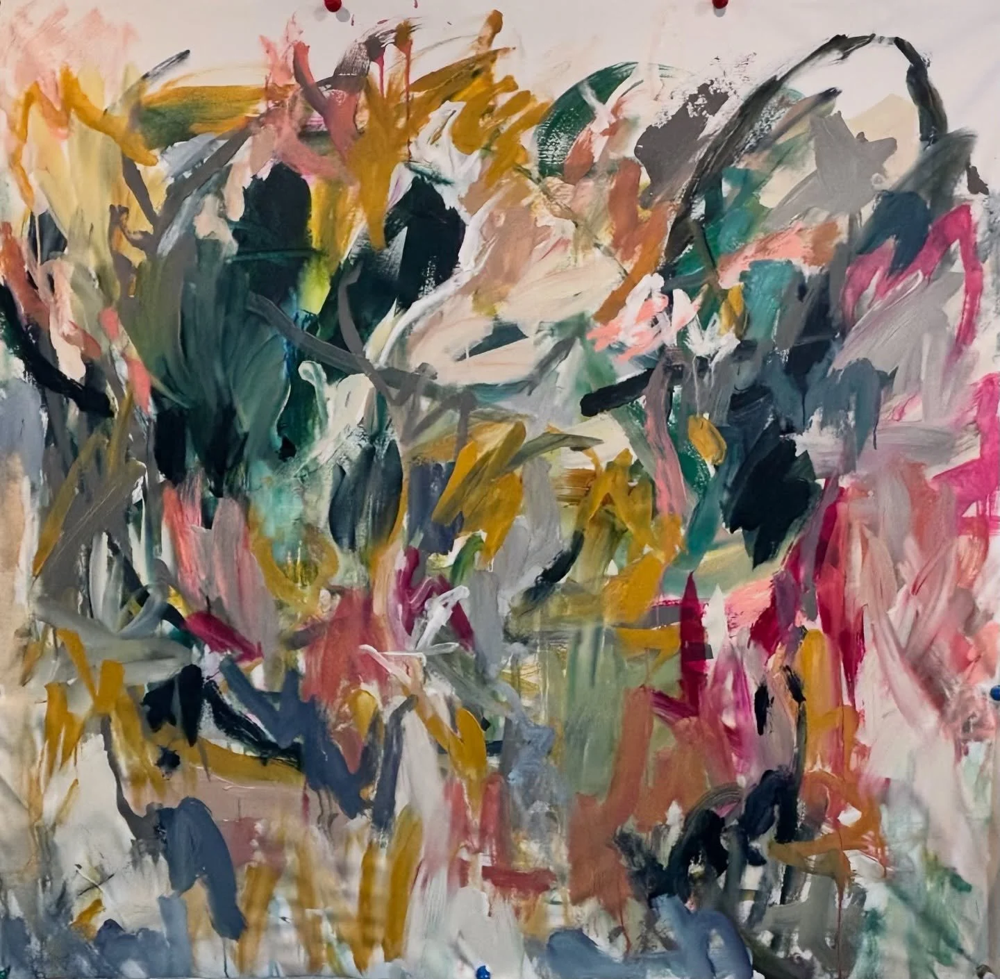 Joyful Mayhem 
Acrylic on Canvas, unstretched
60&rdquo;x60&rdquo; (can be stretched to 54&rdquo;x54&rdquo;)

This pandemonium was created in a wonderful @janeburtonart workshop @paintspacenola 
It reminds me of those hectic crazy days when my kids we