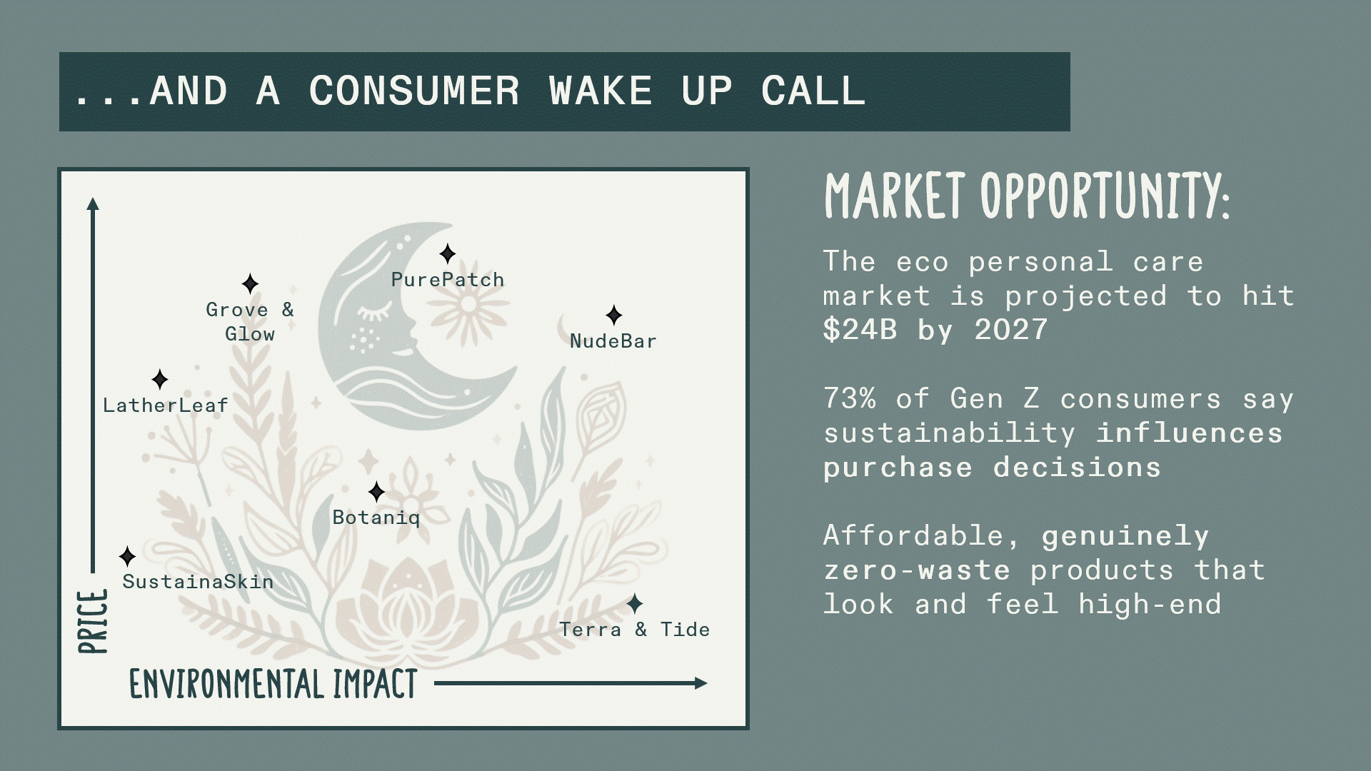 I created a custom positioning map to highlight Terra & Tide’s whitespace in the market, visually emphasizing how the brand stands apart in affordability and true sustainability. This slide reinforces strategic thinking while remaining clean and desi