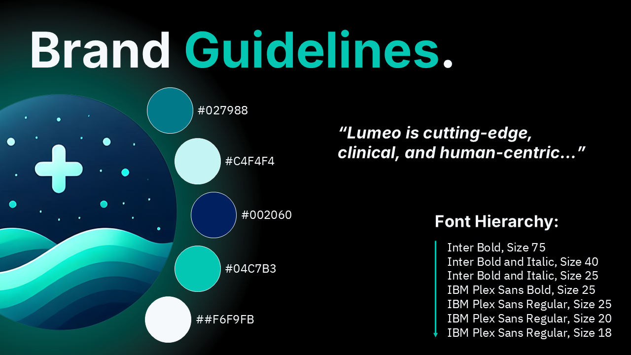 I began by referencing the client’s brand guidelines. The redesign intentionally centers Lumeo’s aesthetic: cutting-edge, trustworthy, modern, and compassionate.