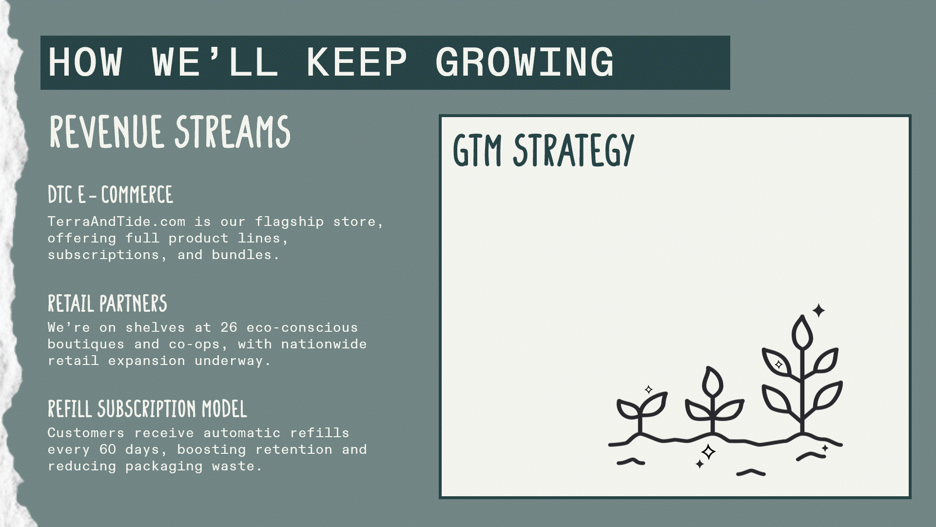 To keep this slide digestible, I split business model and go-to-market strategy into clearly labeled sections. The three-phase roadmap shows growth visually and subtle transitions pace the rollout of info without cluttering the slide.