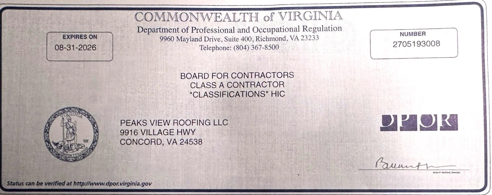 Virginia contractor license certificate from the Department of Professional and Occupational Regulation, issued to Peaks View Roofing LLC, with expiration date August 31, 2026, located at 9916 Village Highway, Concord, VA, 24538.
