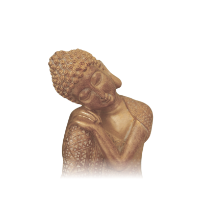 A bronze statue of a Buddha with a peaceful expression, resting its head on its hand, with intricate patterns on its clothing.