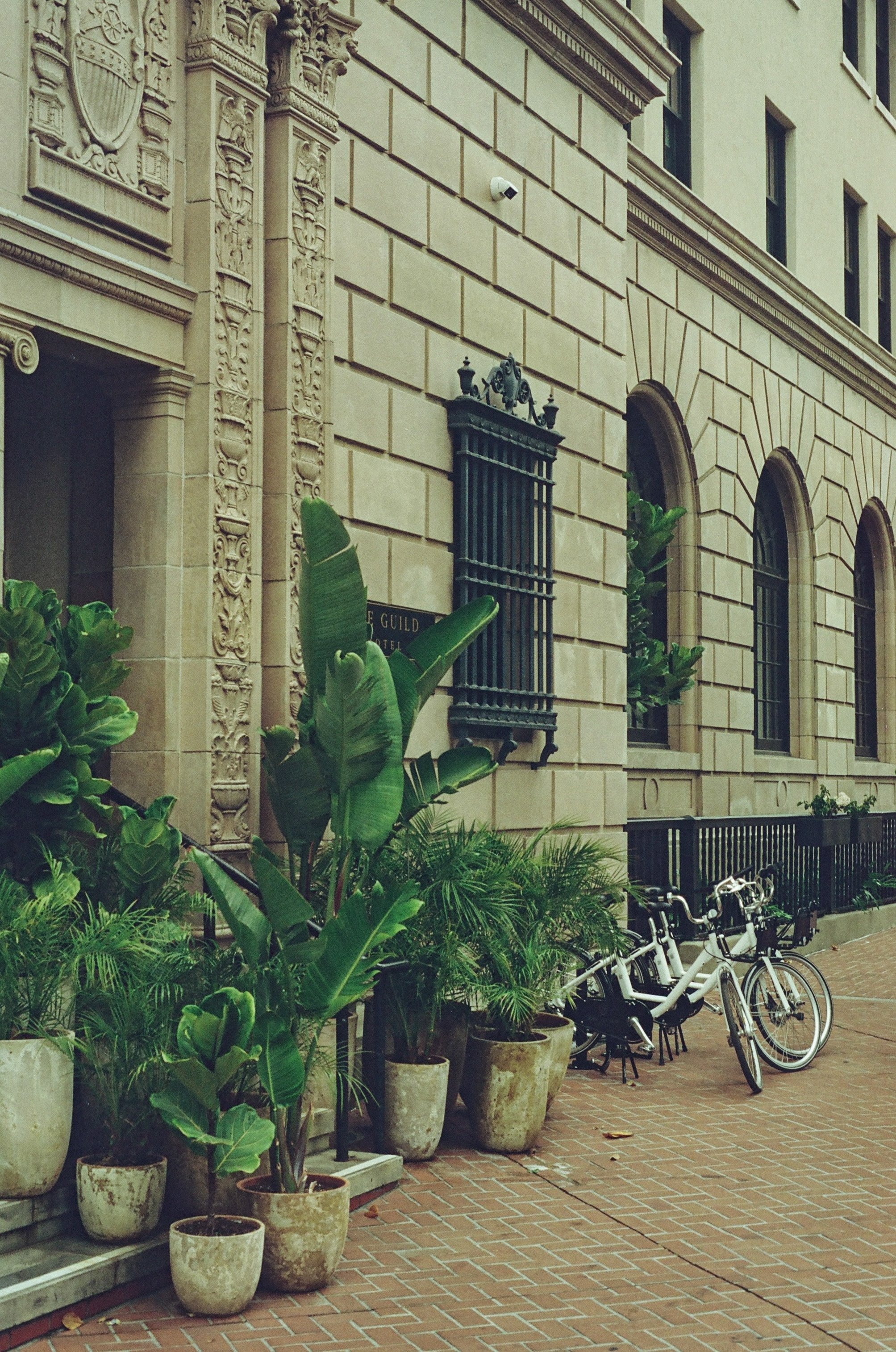 Old stone building with potted plants and a parked bicycle, California - fine art print by Zyan Sachs