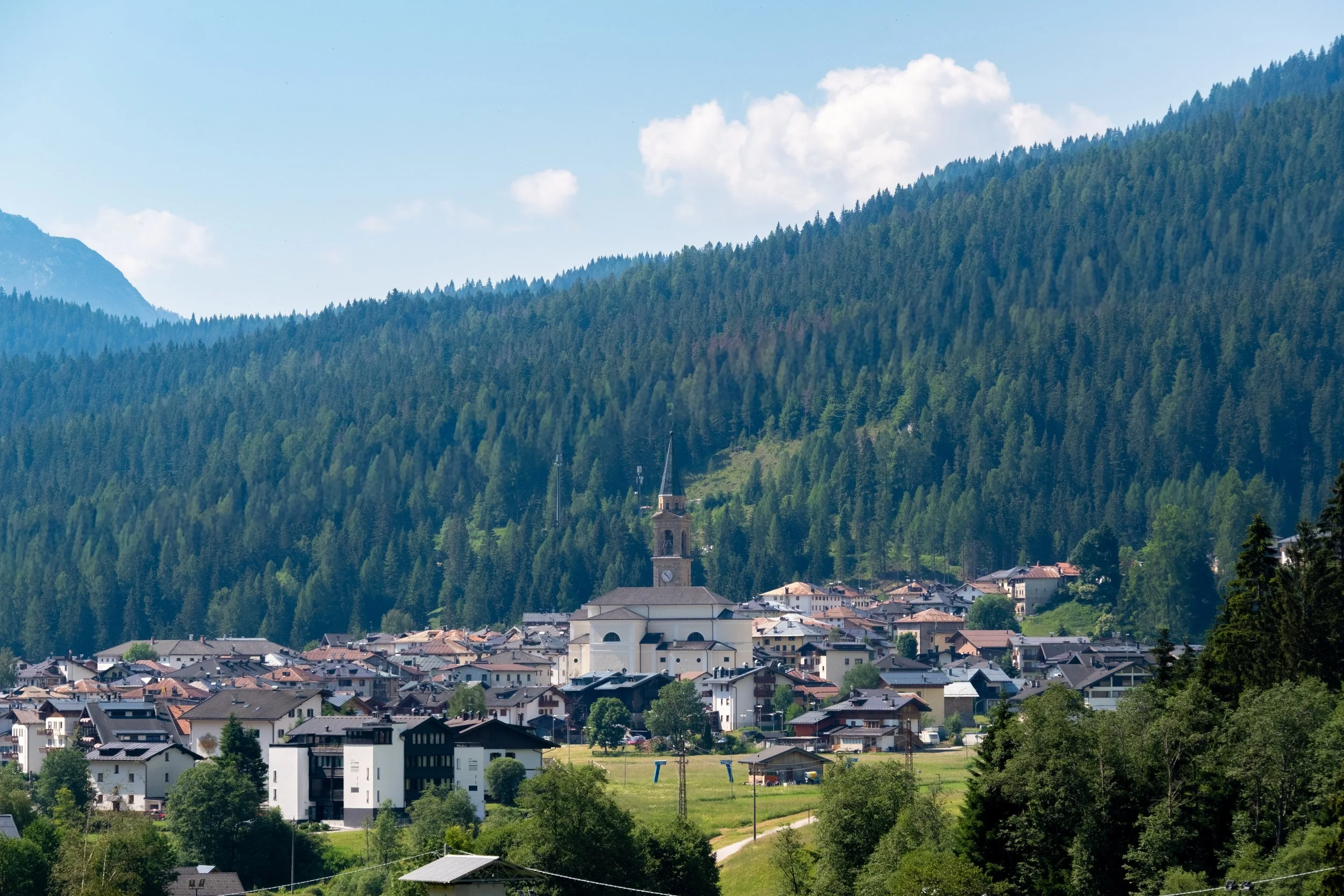 Mountain town in a forested Dolomite valley, by Zyan Sachs