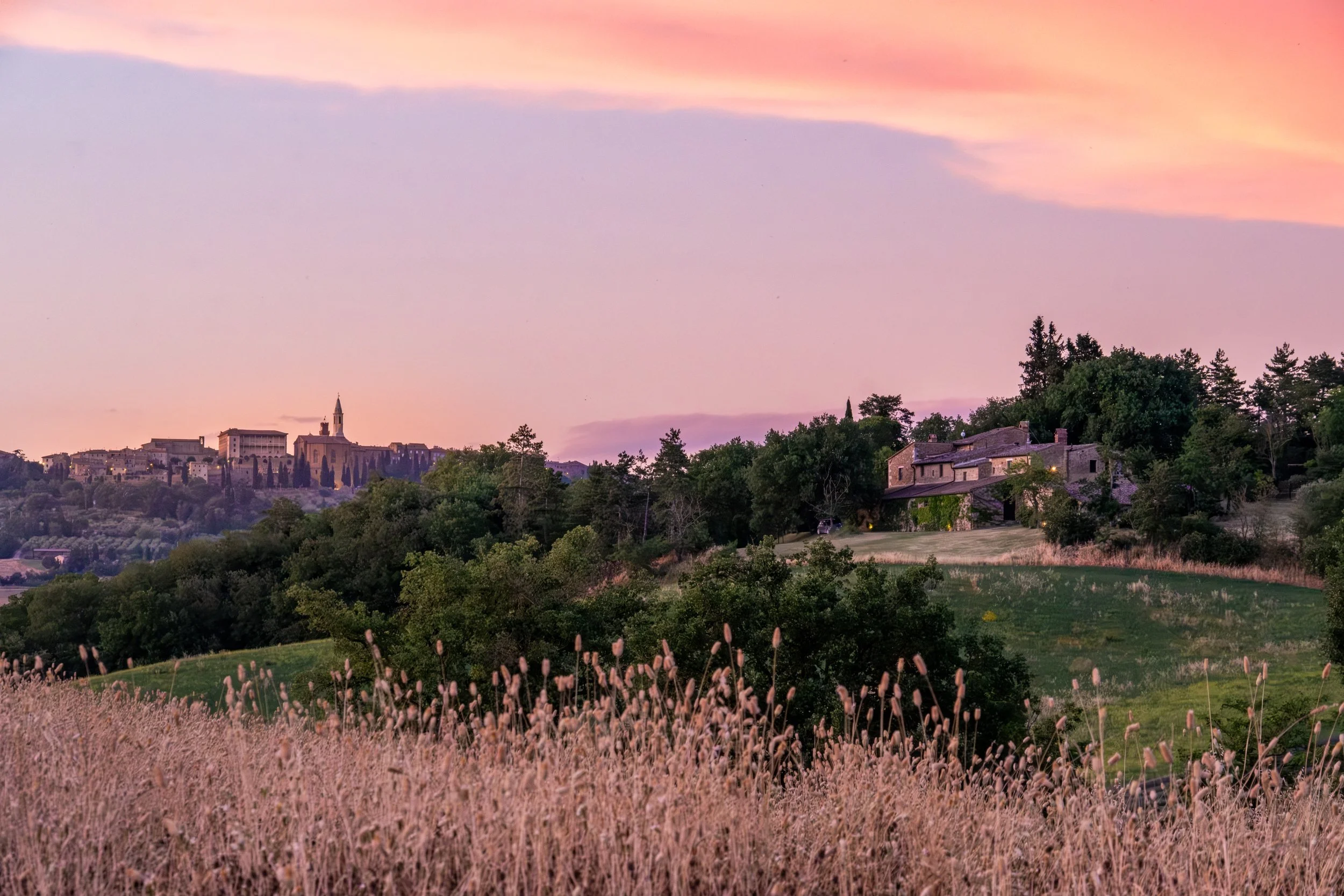 Hilltop town of Pienza with its bell tower above a stone farmhouse and wild grasses at pink dusk, Tuscany, Italy, by Zyan Sachs