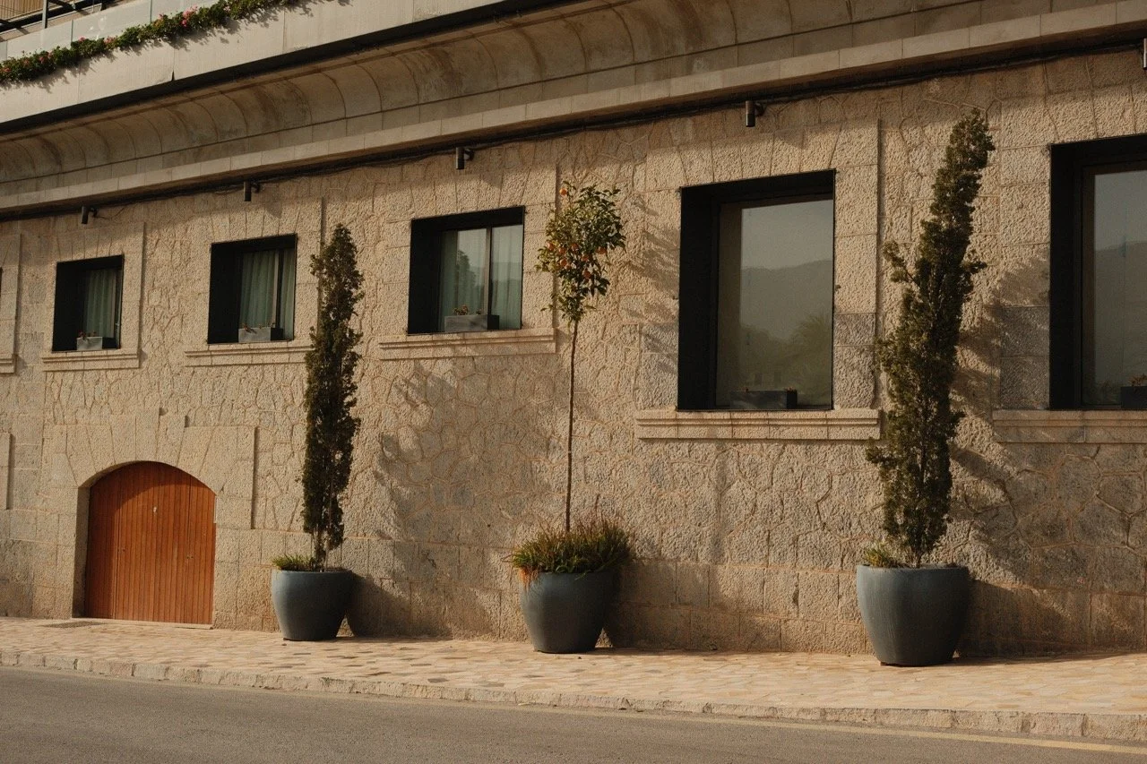 Sandstone building with green shutters and potted cypresses on a quiet street, Mallorca, Spain, by Zyan Sachs