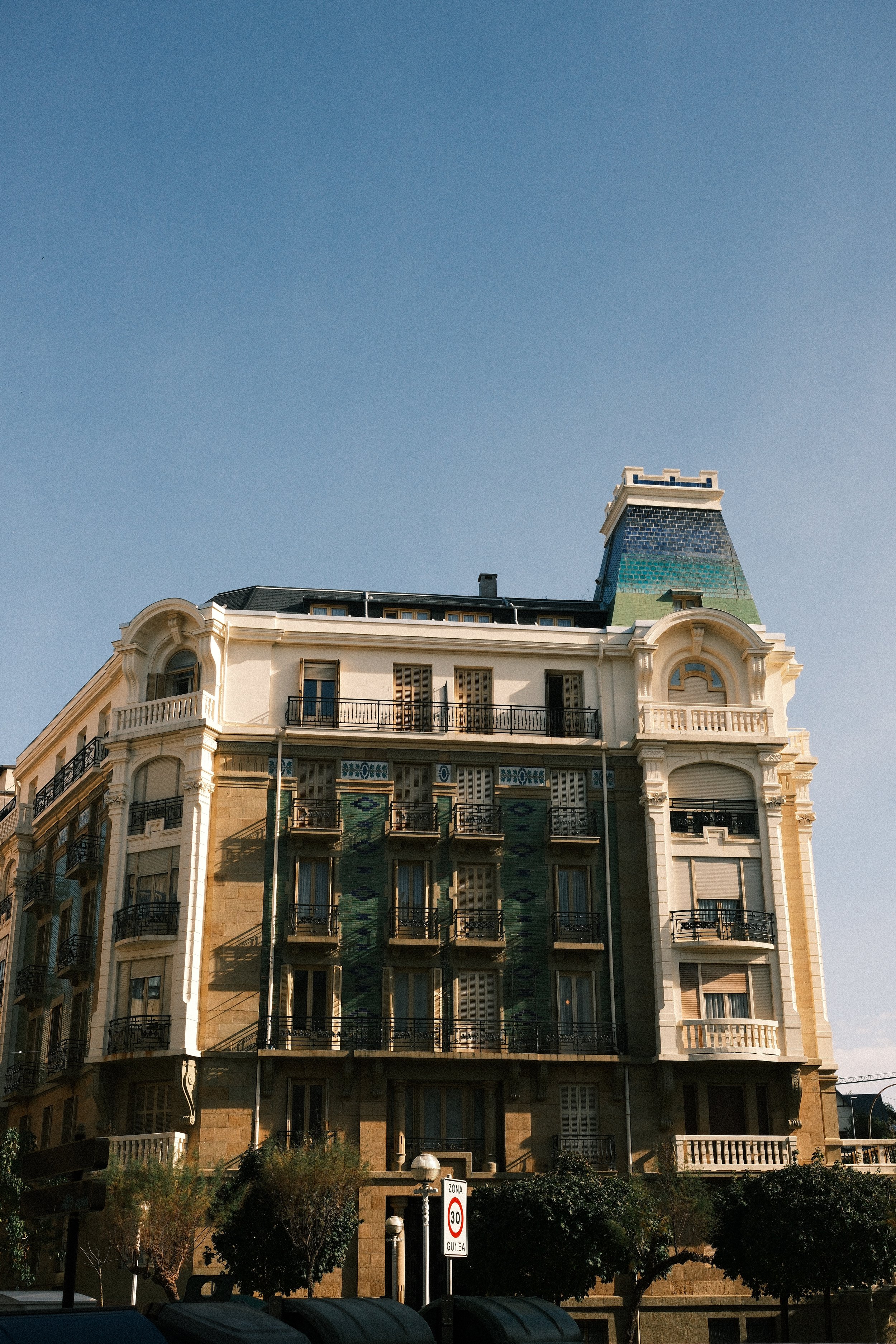 Belle Époque apartment building with a turquoise turret, San Sebastián, Basque Country, Spain, by Zyan Sachs