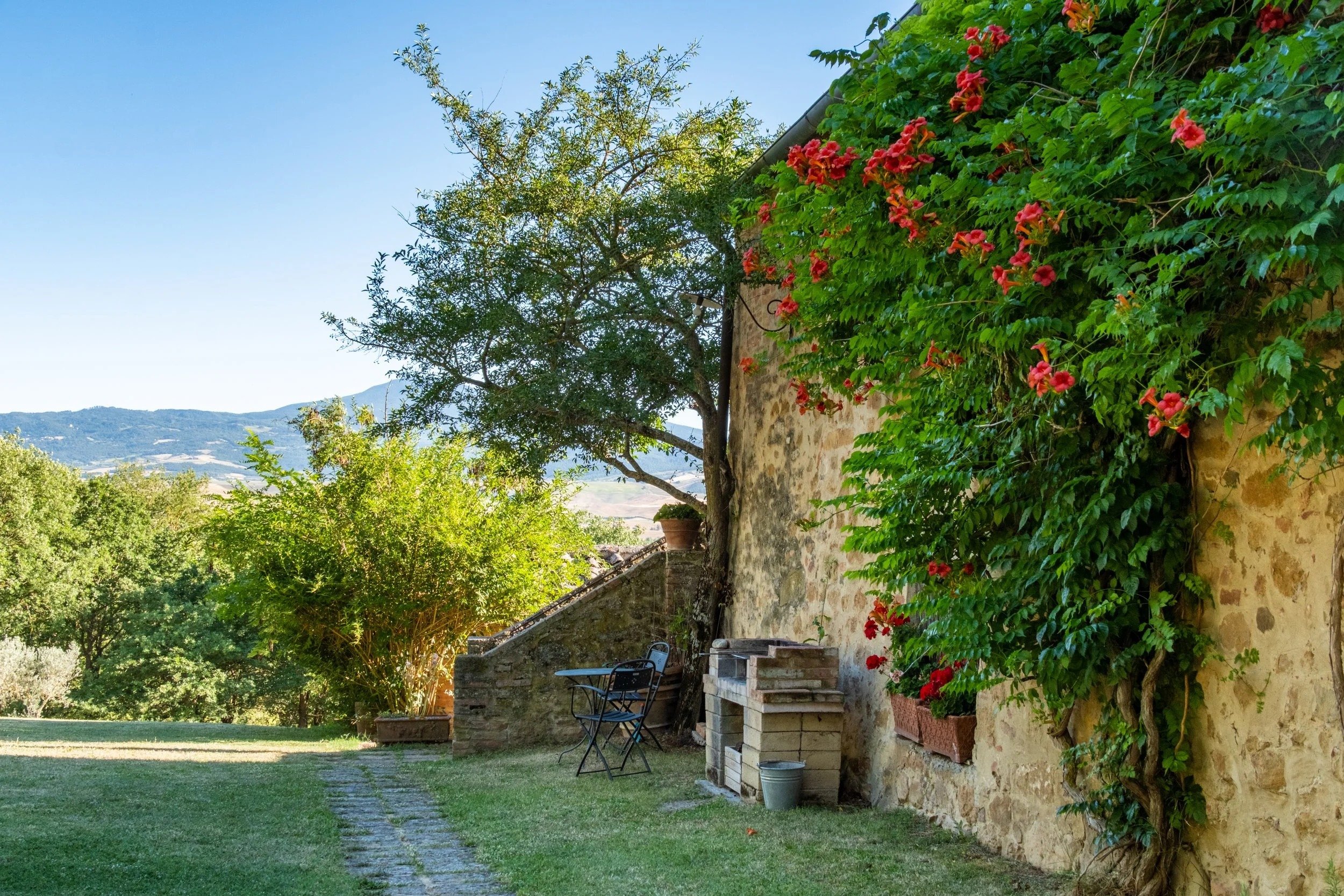 Red trumpet vine on the stone farmhouse wall at Agriturismo Selvoli, Val d'Orcia, Tuscany - hospitality photography by Zyan Sachs