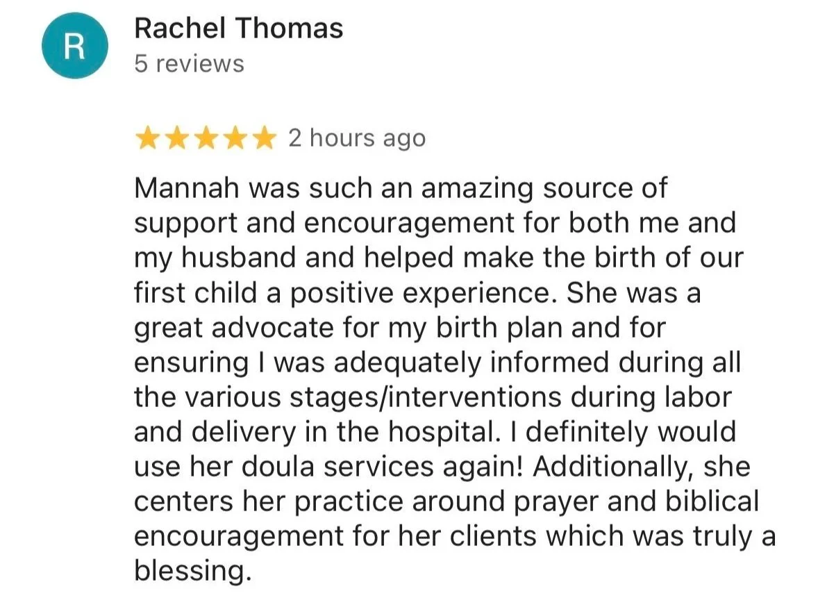 Screenshot of a Google review by Rachel Thomas, rating five stars, praising Mannah for support during birth planning and highlighting her prayer and biblical encouragement practices.
