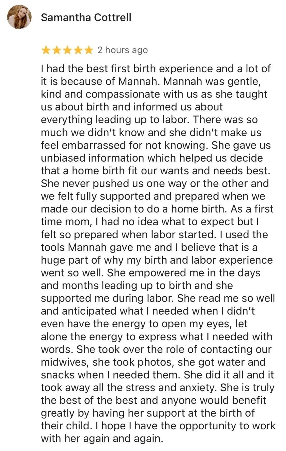 Customer review for a birth experience service, praising a maternal guide named Mannah for her support and expertise during labor and delivery.