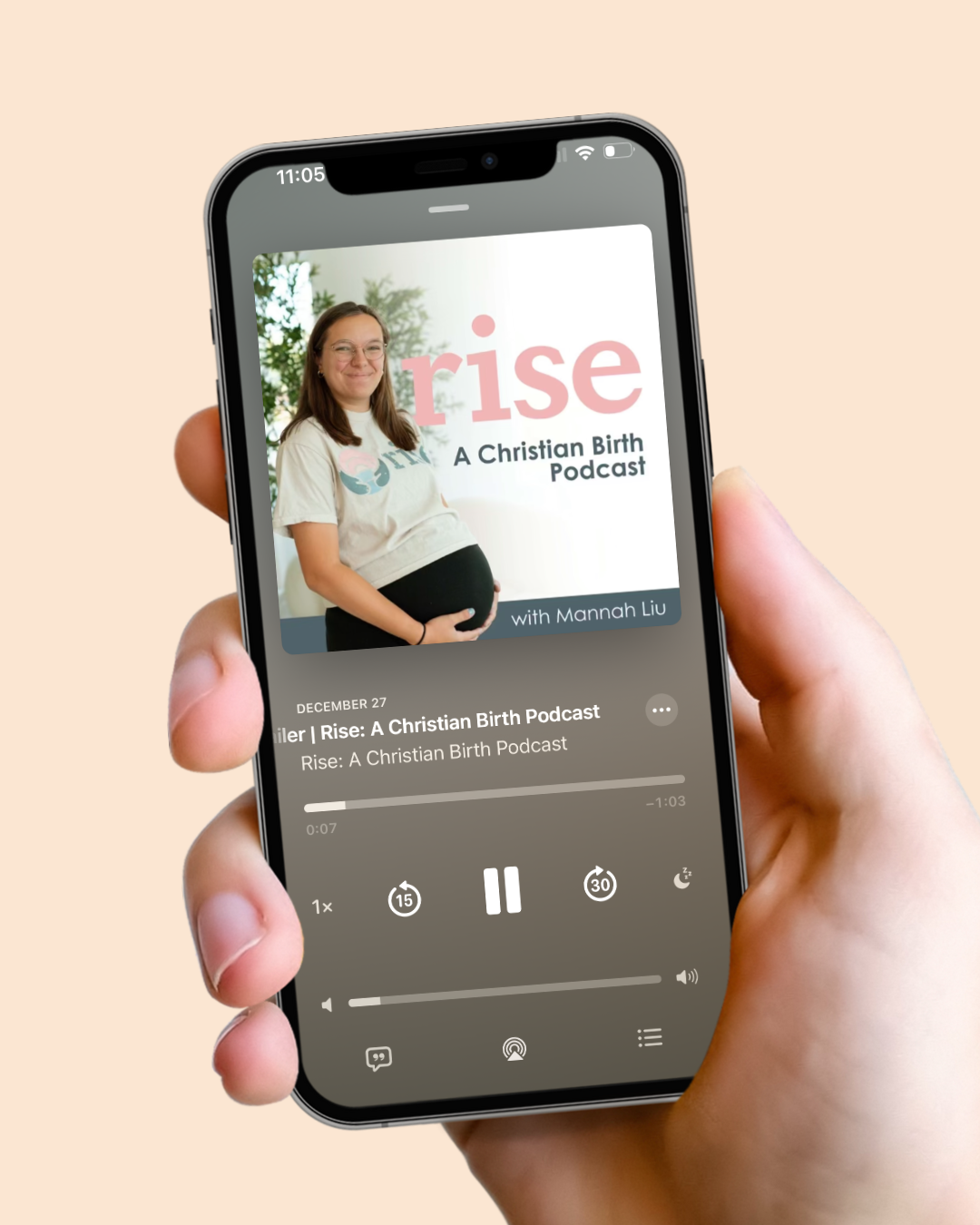 A mobile phone screen showing the cover of a podcast titled 'Rise: A Christian Birth Podcast' with a woman smiling and holding her pregnant belly.