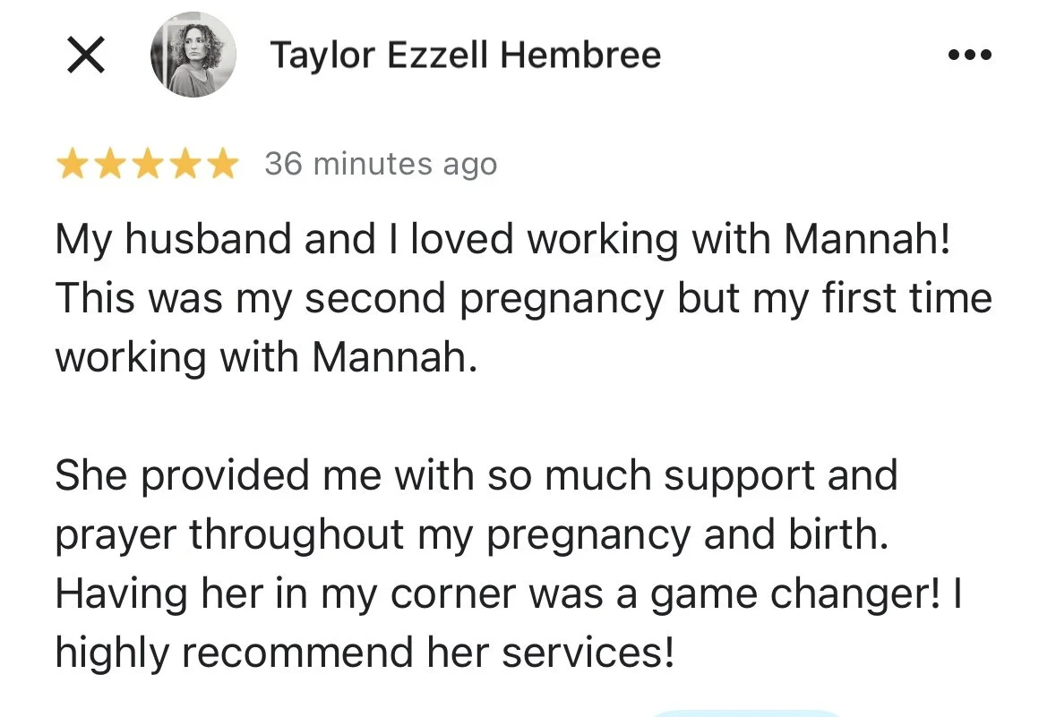 Screenshot of a positive review for a service with five stars, showing a profile picture of a woman and text praising a person named Mannah for support during pregnancy.