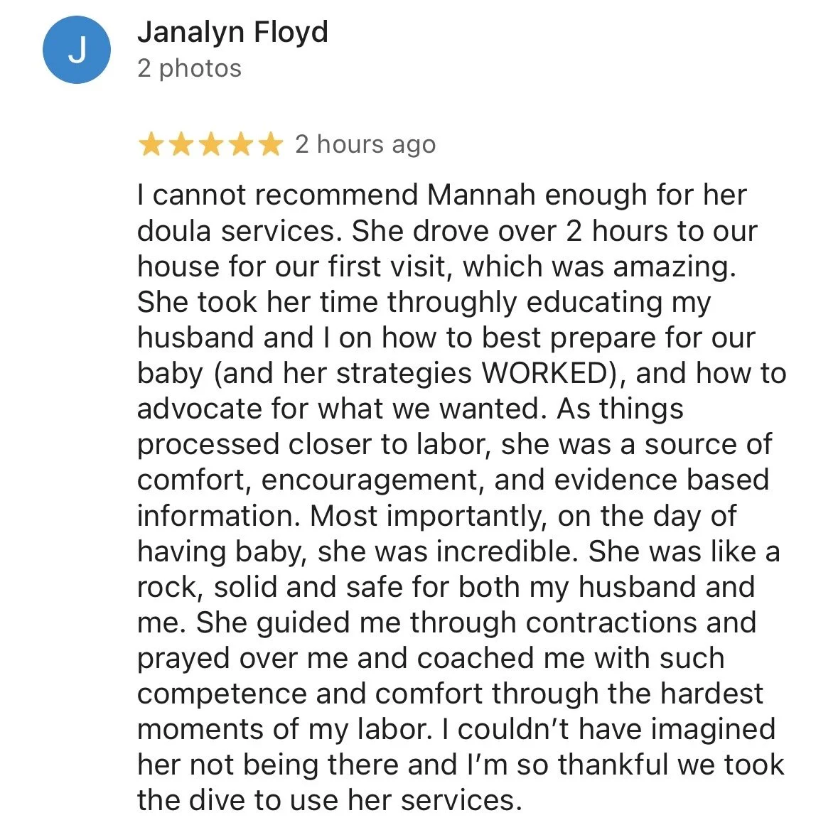 Screenshot of a five-star Google review praising a doula service, mentioning the doula's educational and emotional support during labor.