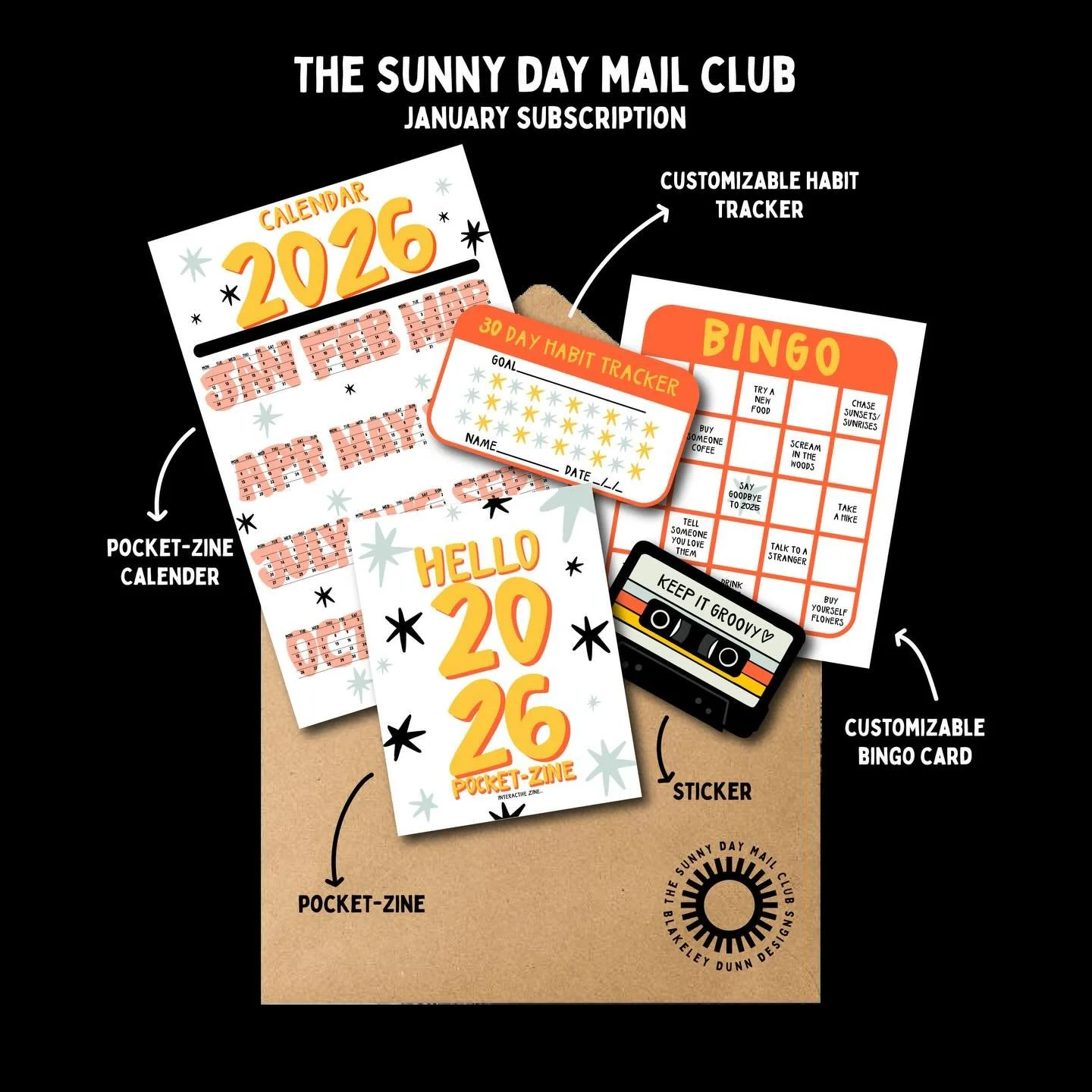 New for 2026: join the Sunny Day Mail Club. This is a monthly snail mail subscription that will bring joy to your mailbox. Each month will be a different theme. You will find a mix of stickers, printables, and fun activities. The January subscription