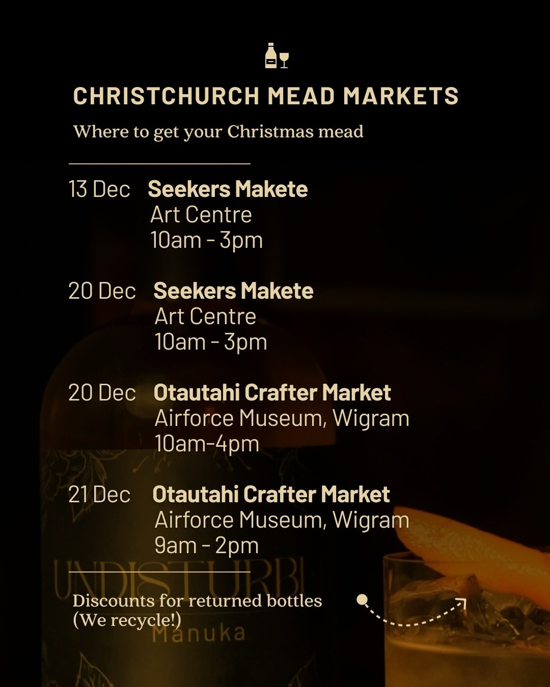 Find Undisturbed at markets, bars and stockists this Christmas.
.
#mead #meadnz #sustainablealcohol