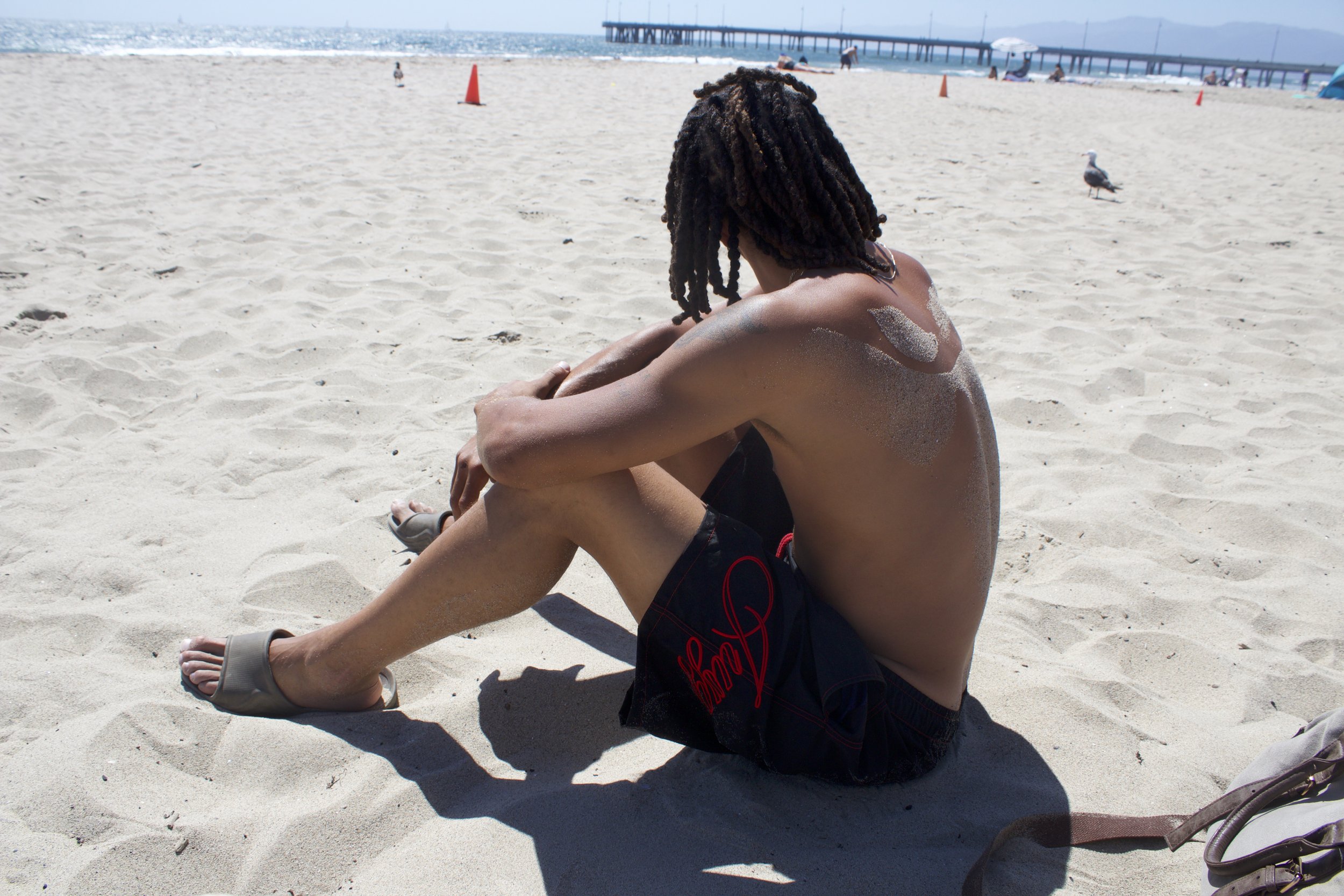 A shirtless person with dreadlocks sitting on sandy beach with a pier and seagull in the background.