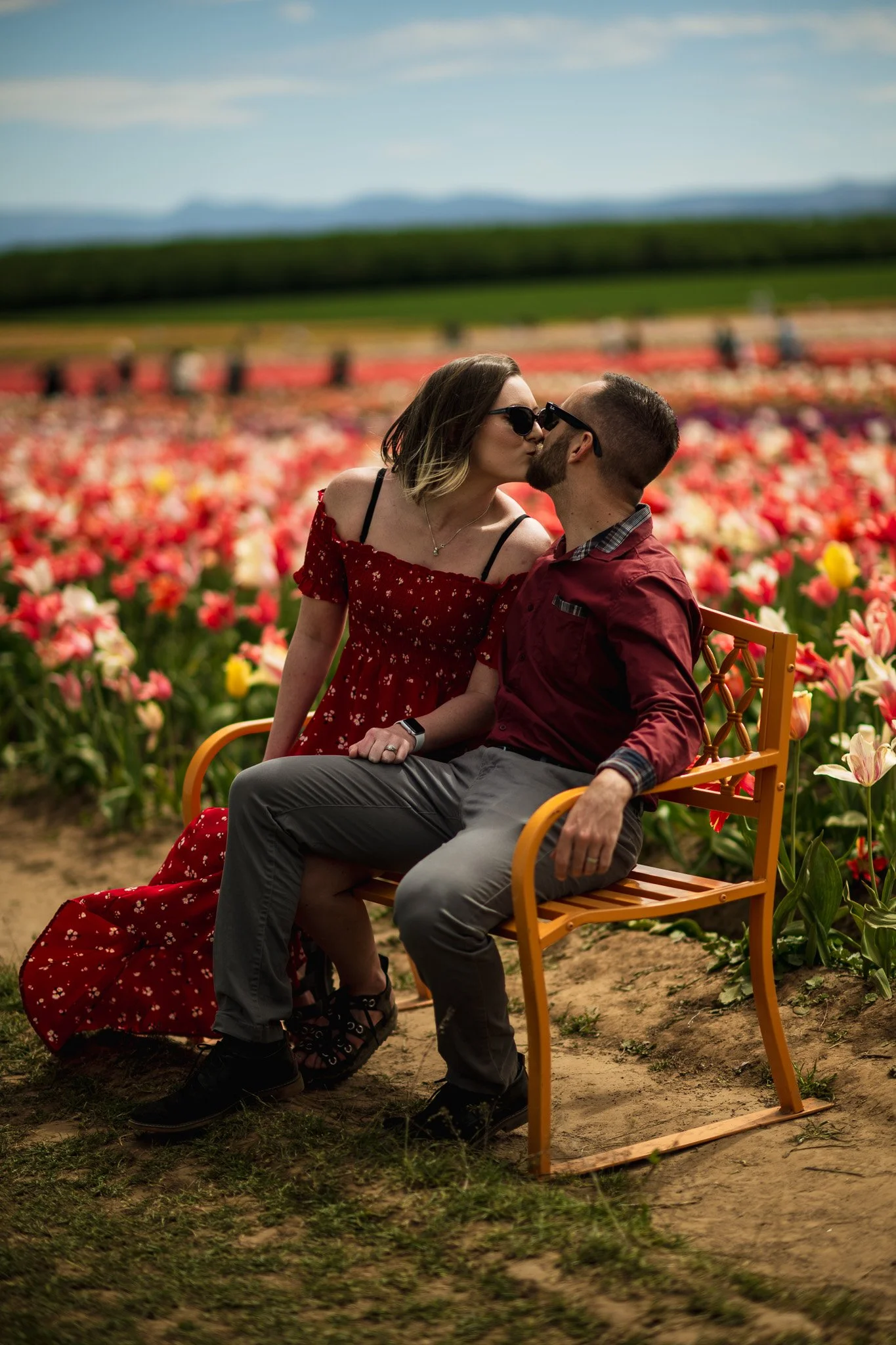 A couple sitting on an orange bench in a tulip field, sharing a kiss. The woman is in a red dress and the man in a red shirt with gray pants. The background features colorful tulips and a distant landscape with blue sky and mountains.