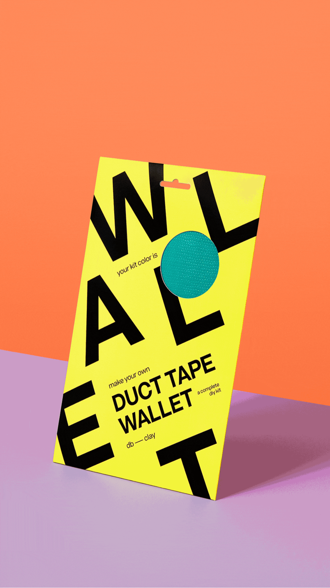 Yellow packaging of a craft kit for making a duct tape wallet with black bold text, a blue duct tape roll, and promotional text.
