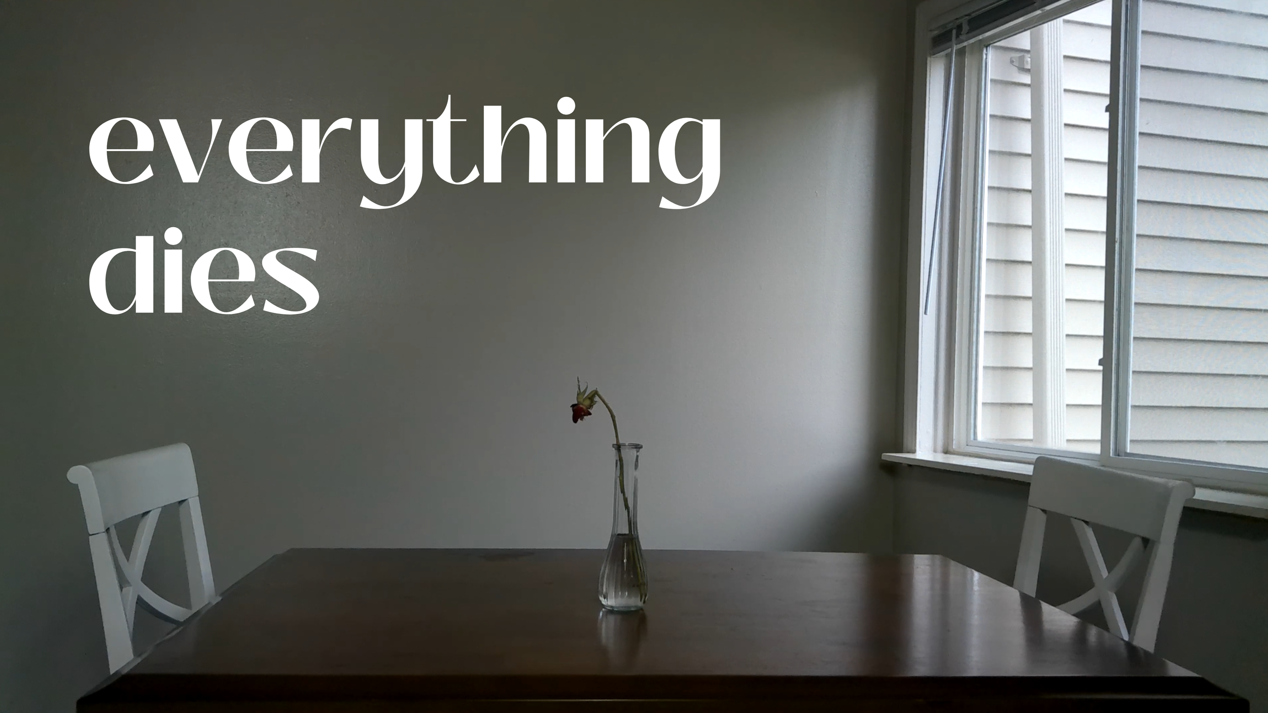 A simple wooden dining table with a single vase holding a wilted flower, situated in front of a window with blinds, with the words 'everything dies' overlayed in large white text.